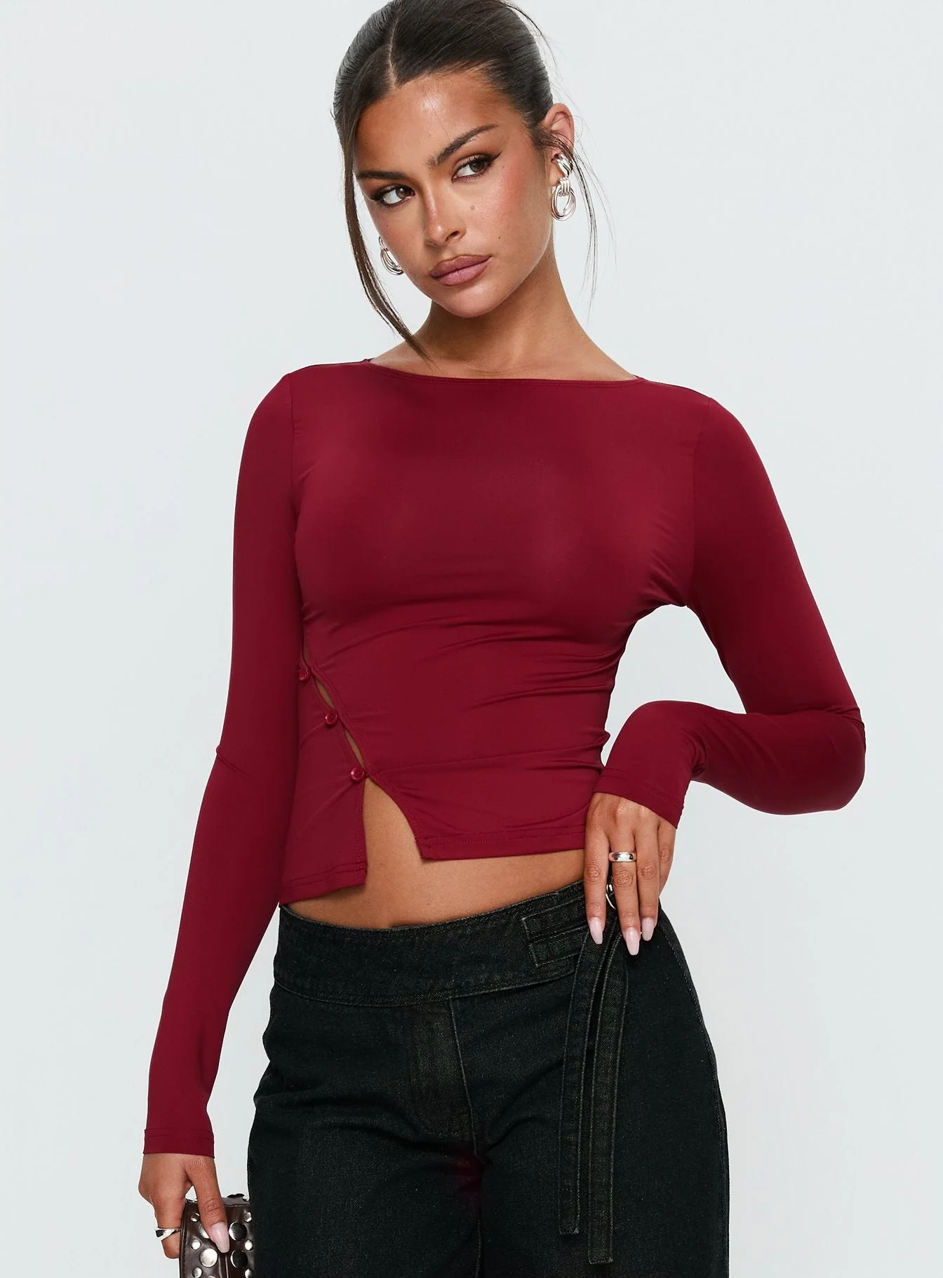 Crowded Room Button Up Long Sleeve Top Wine - Image 2