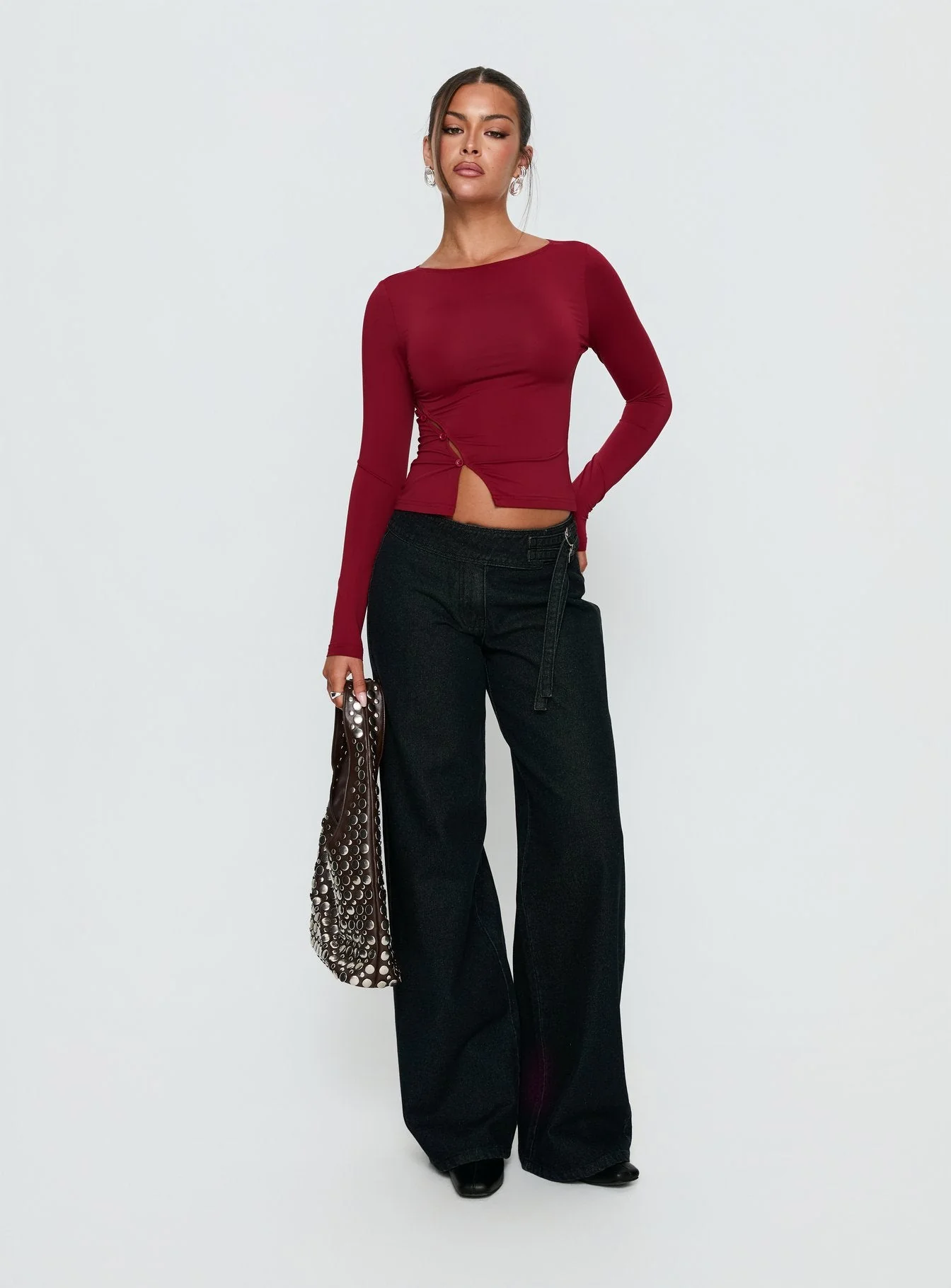 Crowded Room Button Up Long Sleeve Top Wine - Image 3
