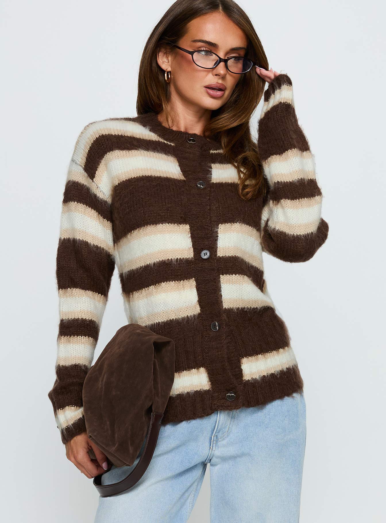 Cultivated Fluffy Knit Cardigan Brown Stripe - Image 2
