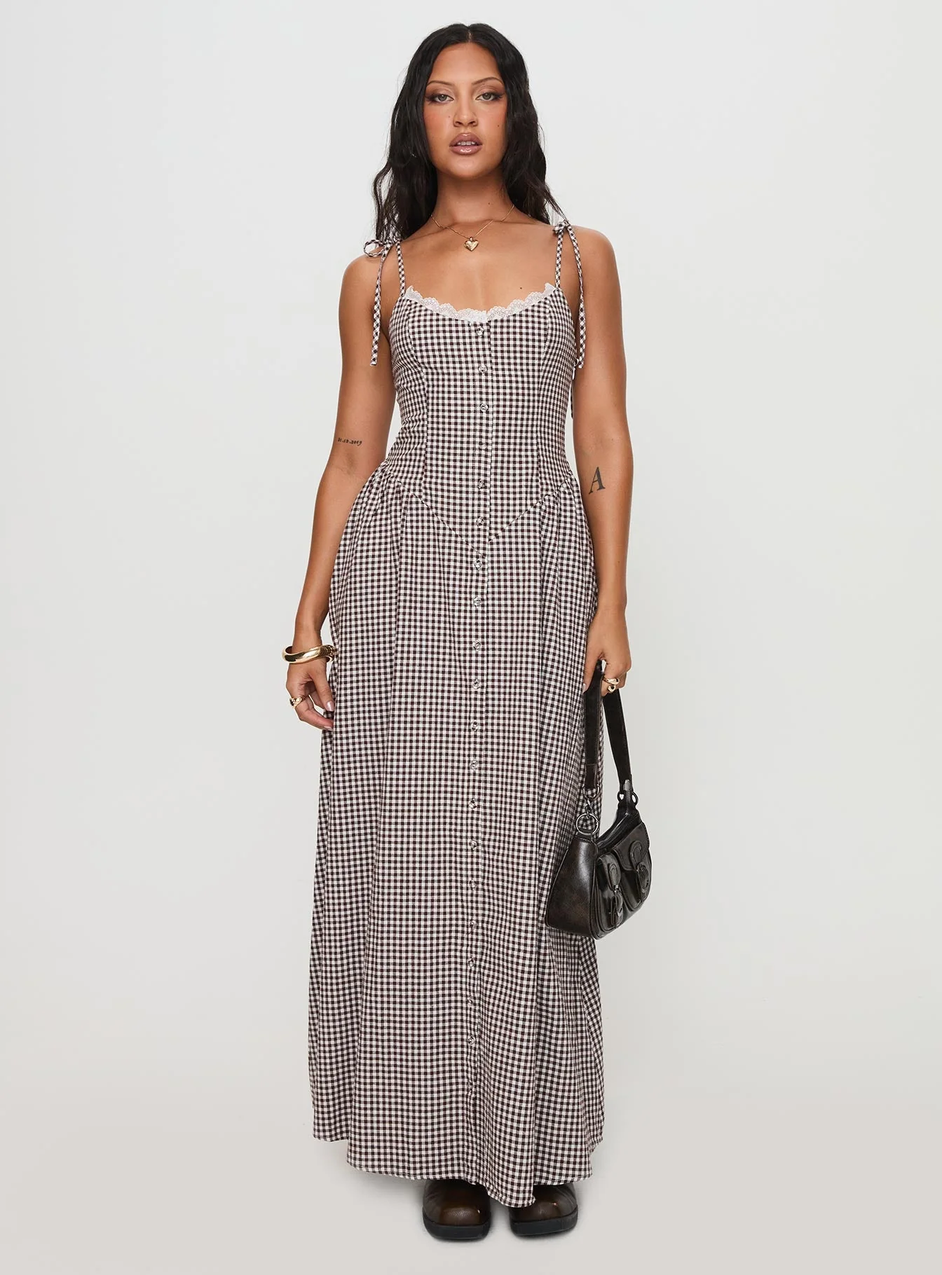 Dalanie Tie Strap Maxi Dress Brown Gingham - Image 2