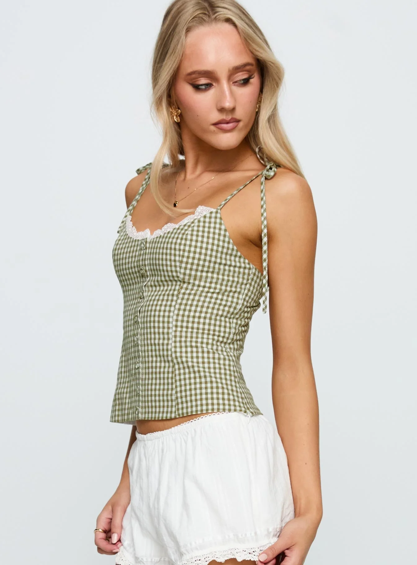 Dalanie Tie Strap Top Green Check - Image 4