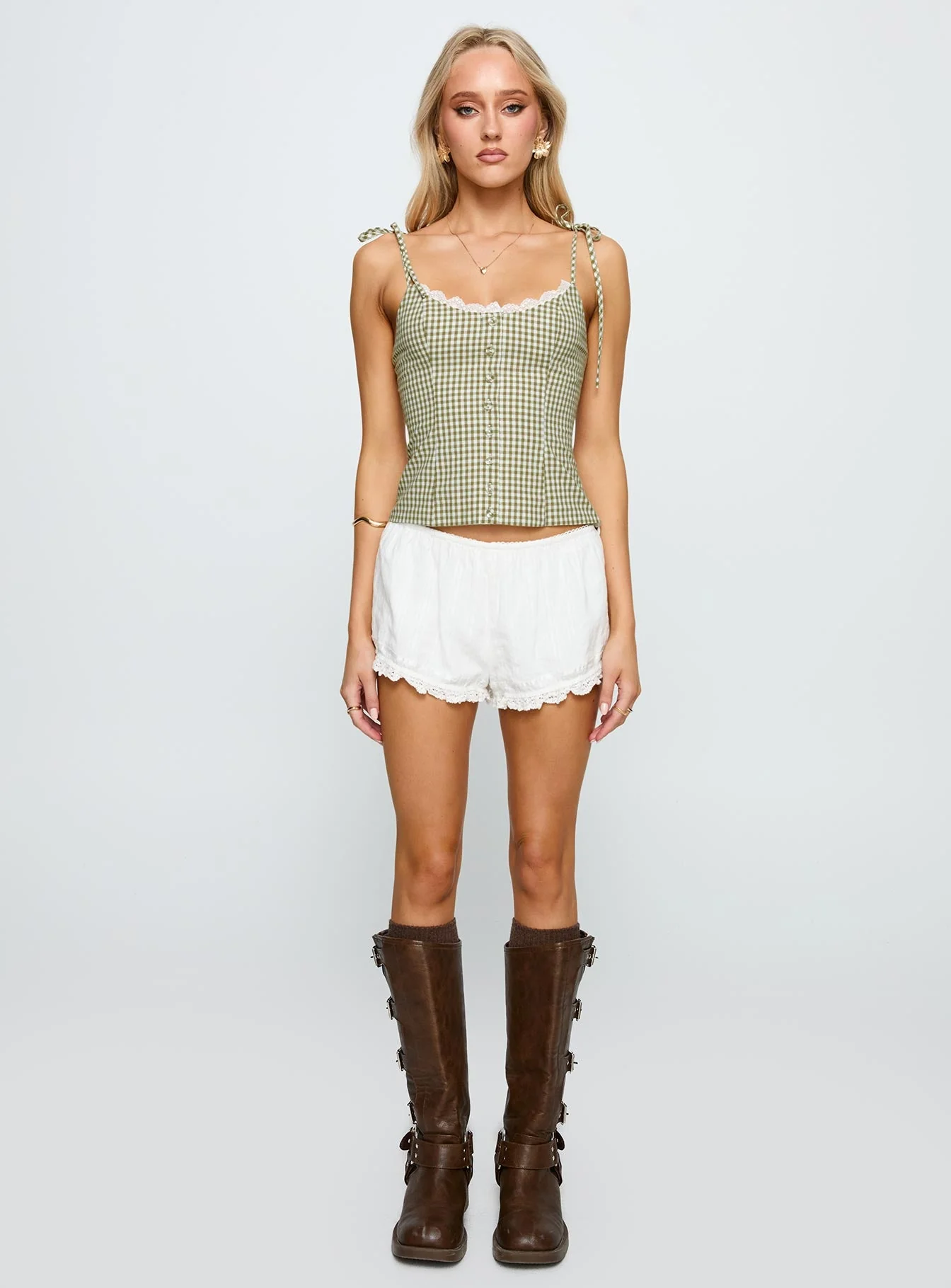 Dalanie Tie Strap Top Green Check - Image 7