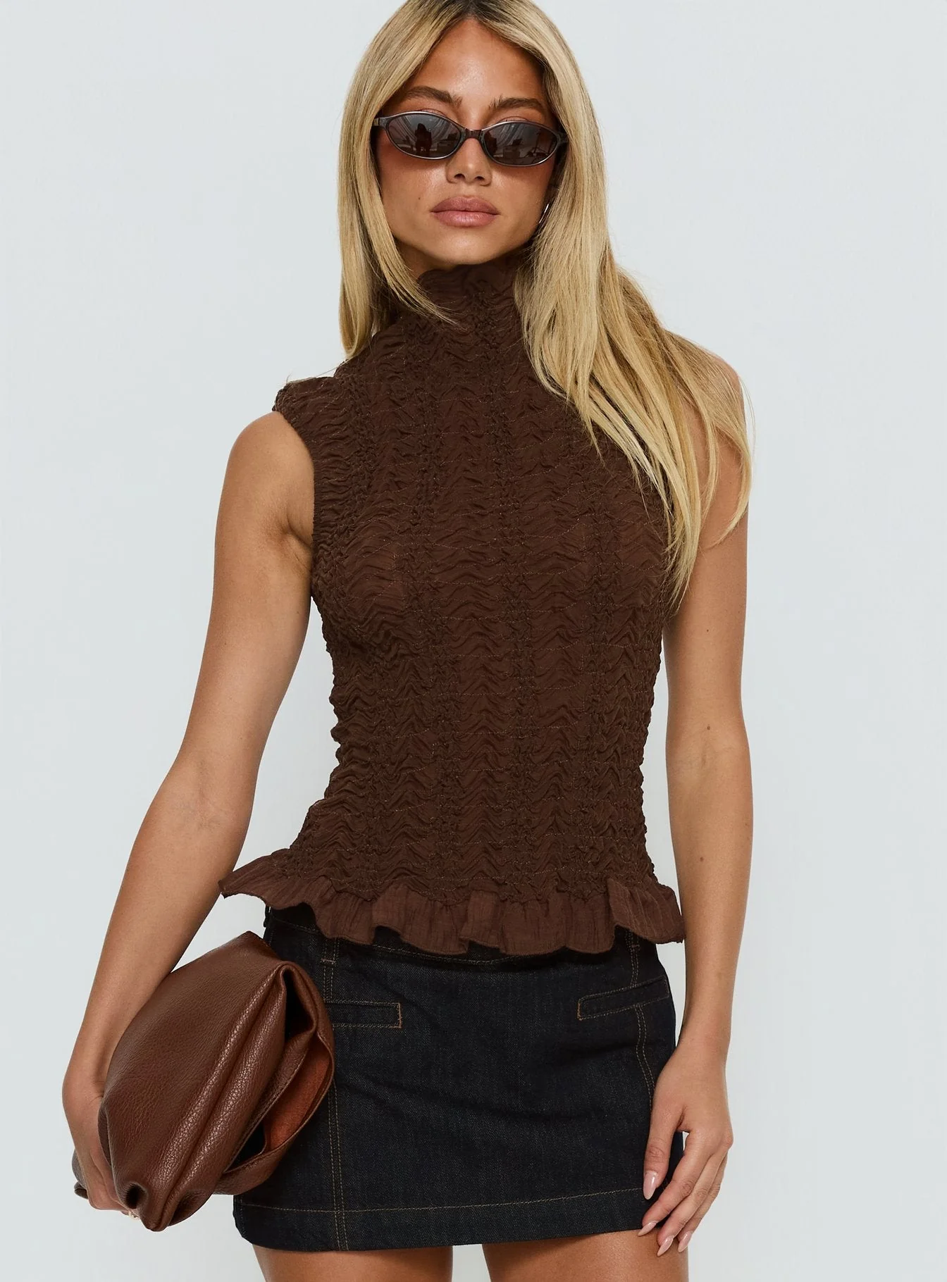 Danira High Neck Textured Top Brown - Image 2