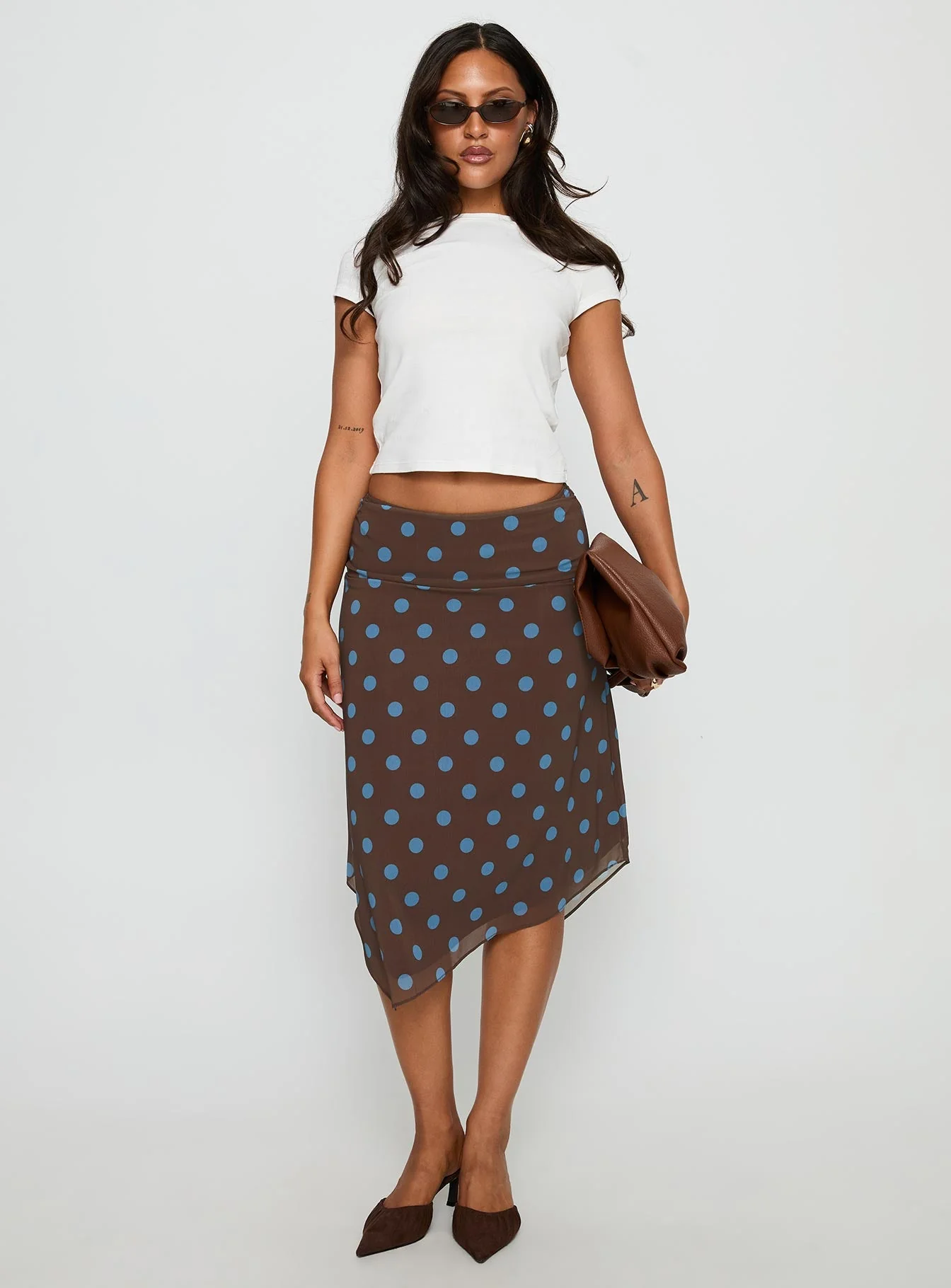 Daphene Asymmetrical Midi Skirt Brown / Blue Polka Dot - Image 2