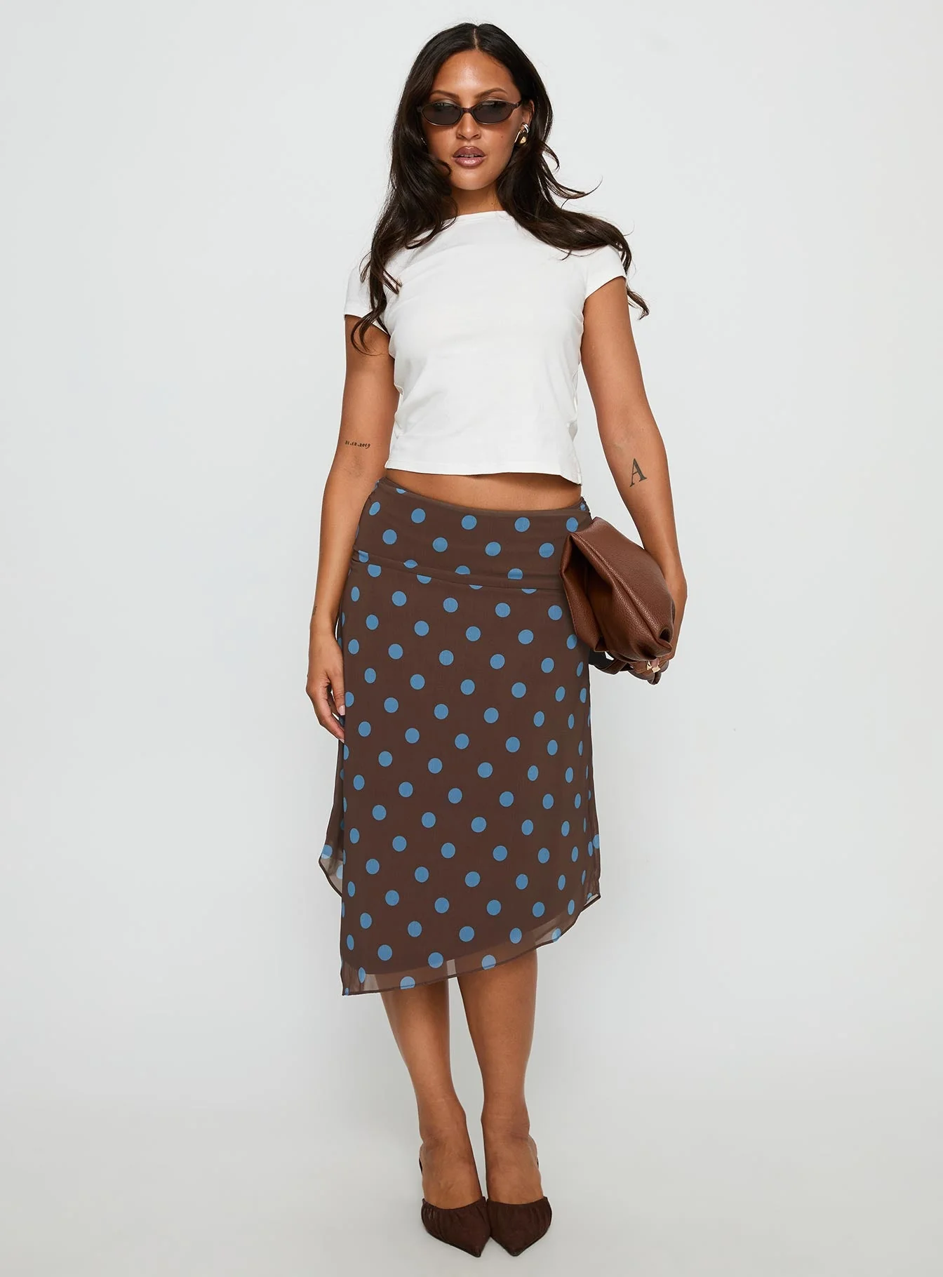 Daphene Asymmetrical Midi Skirt Brown / Blue Polka Dot - Image 3