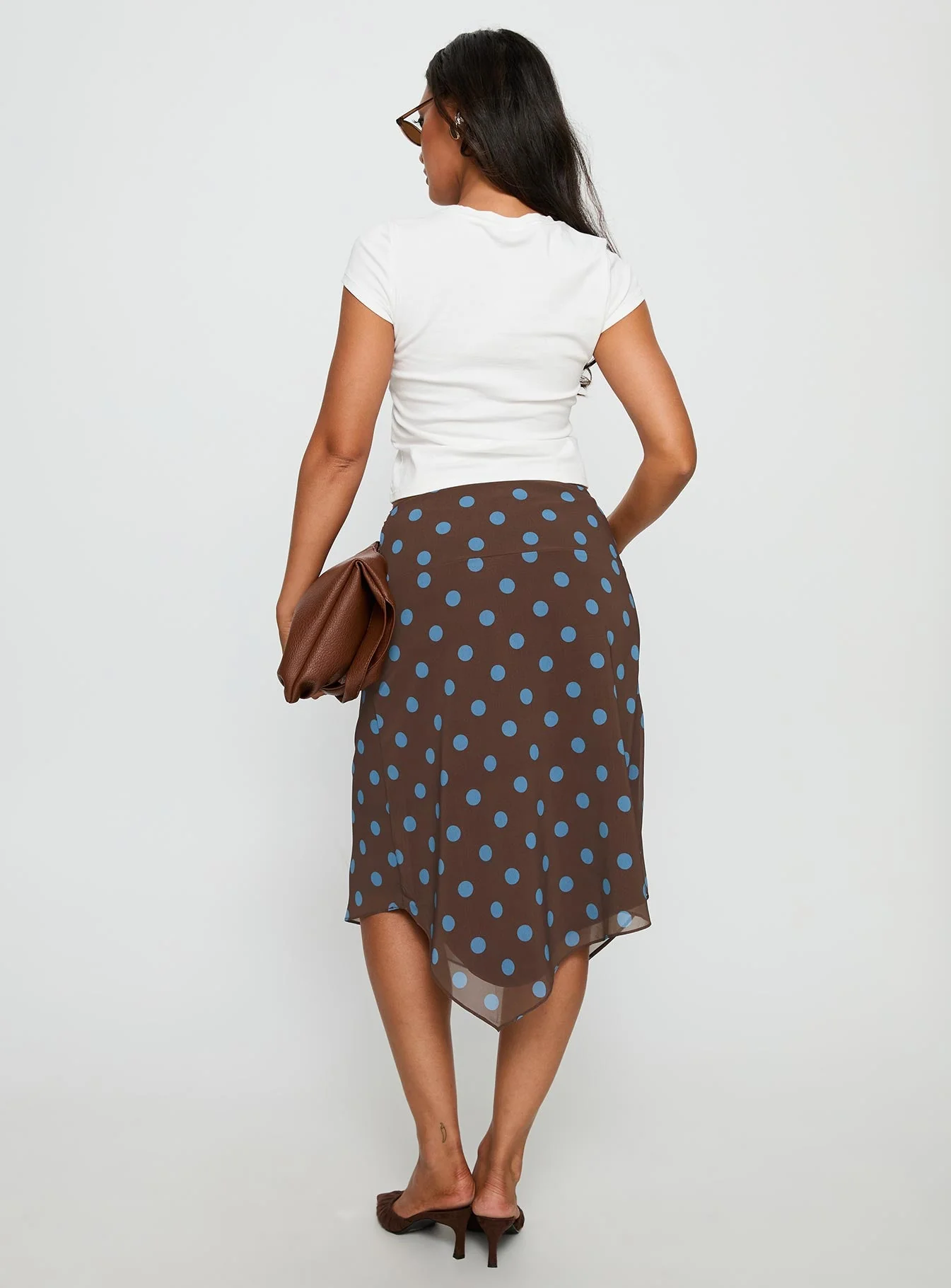 Daphene Asymmetrical Midi Skirt Brown / Blue Polka Dot - Image 5