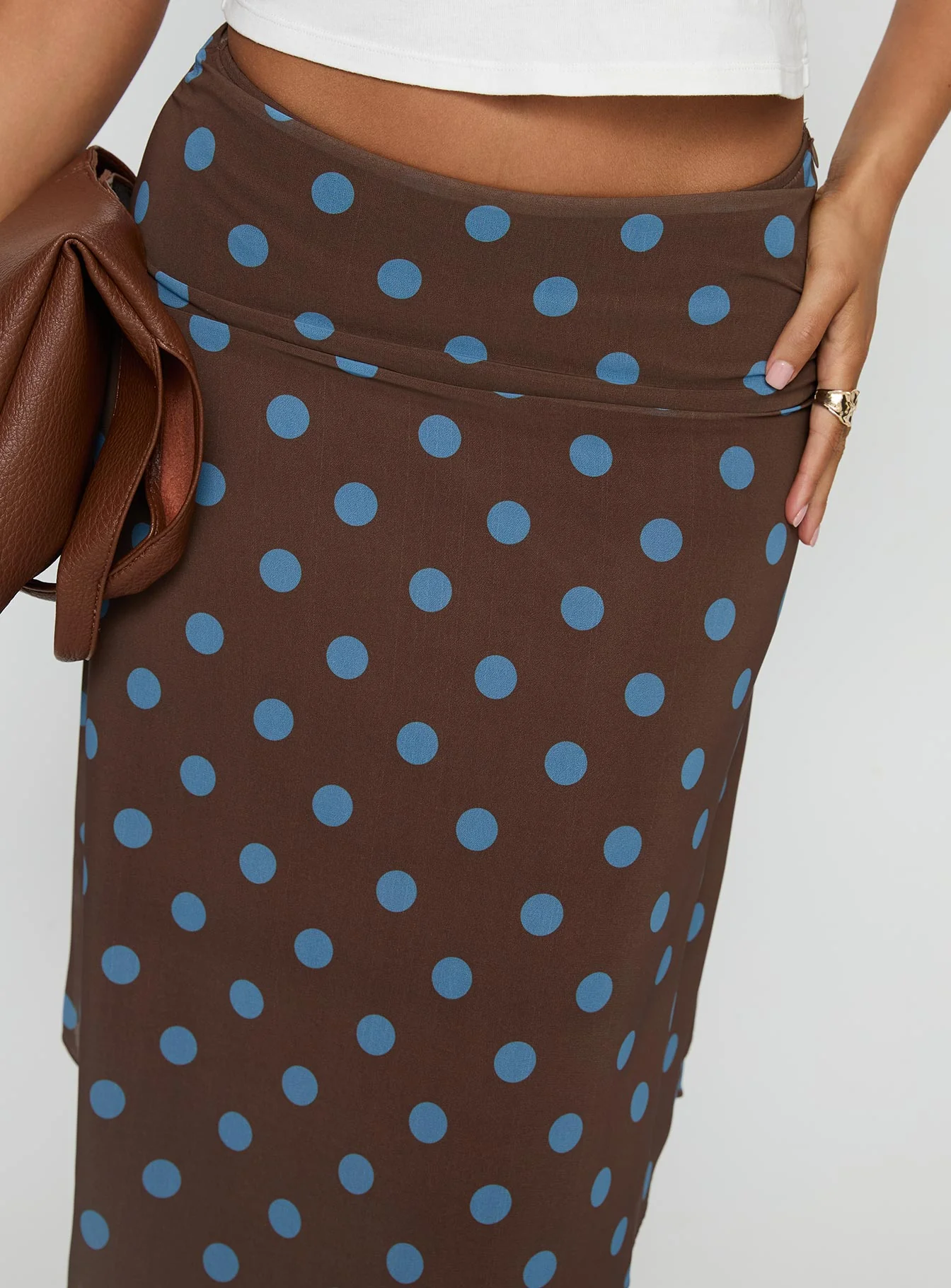 Daphene Asymmetrical Midi Skirt Brown / Blue Polka Dot - Image 6