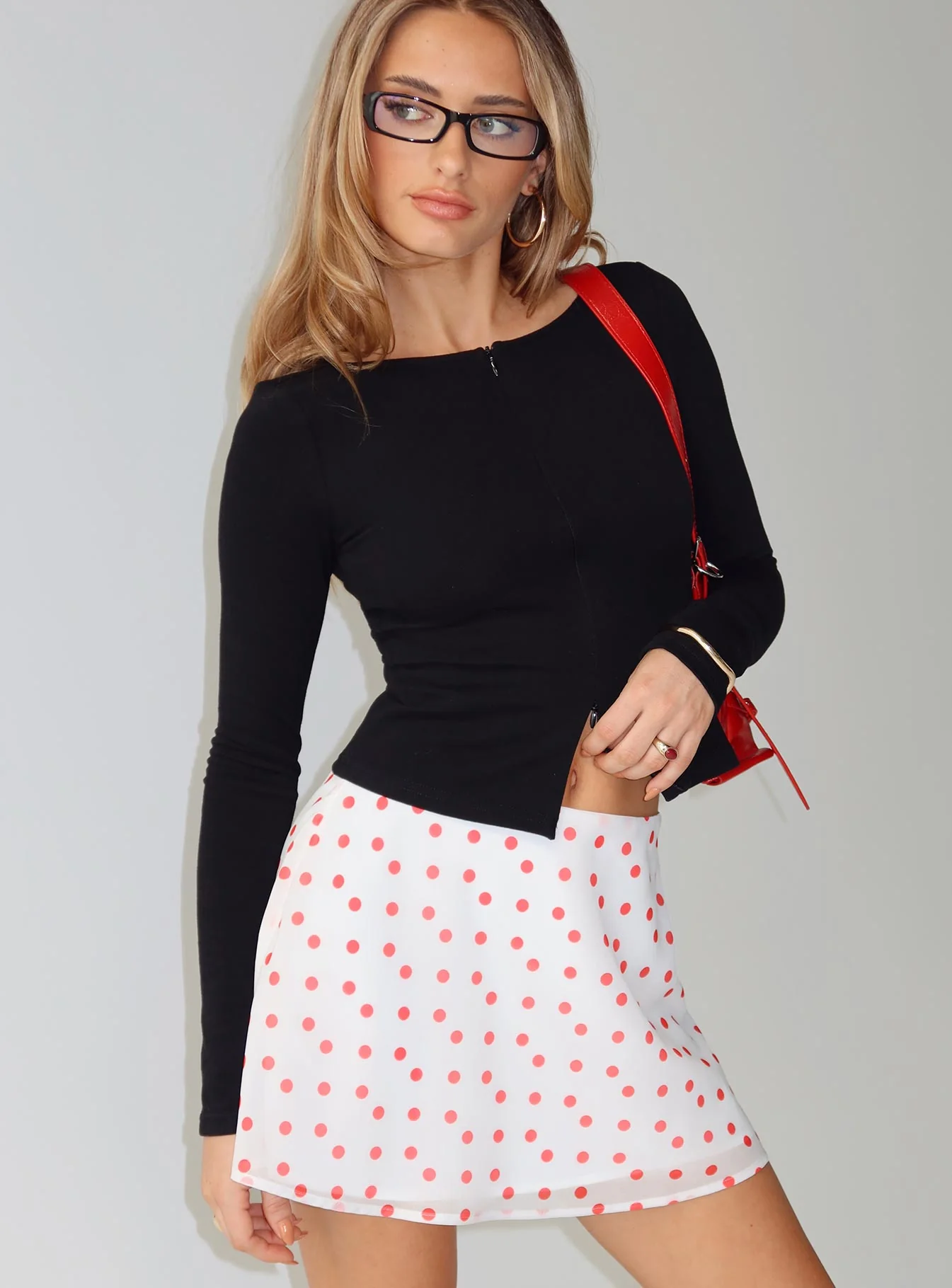 Dapple Bias Mini Skirt White / Red Polka - Image 8