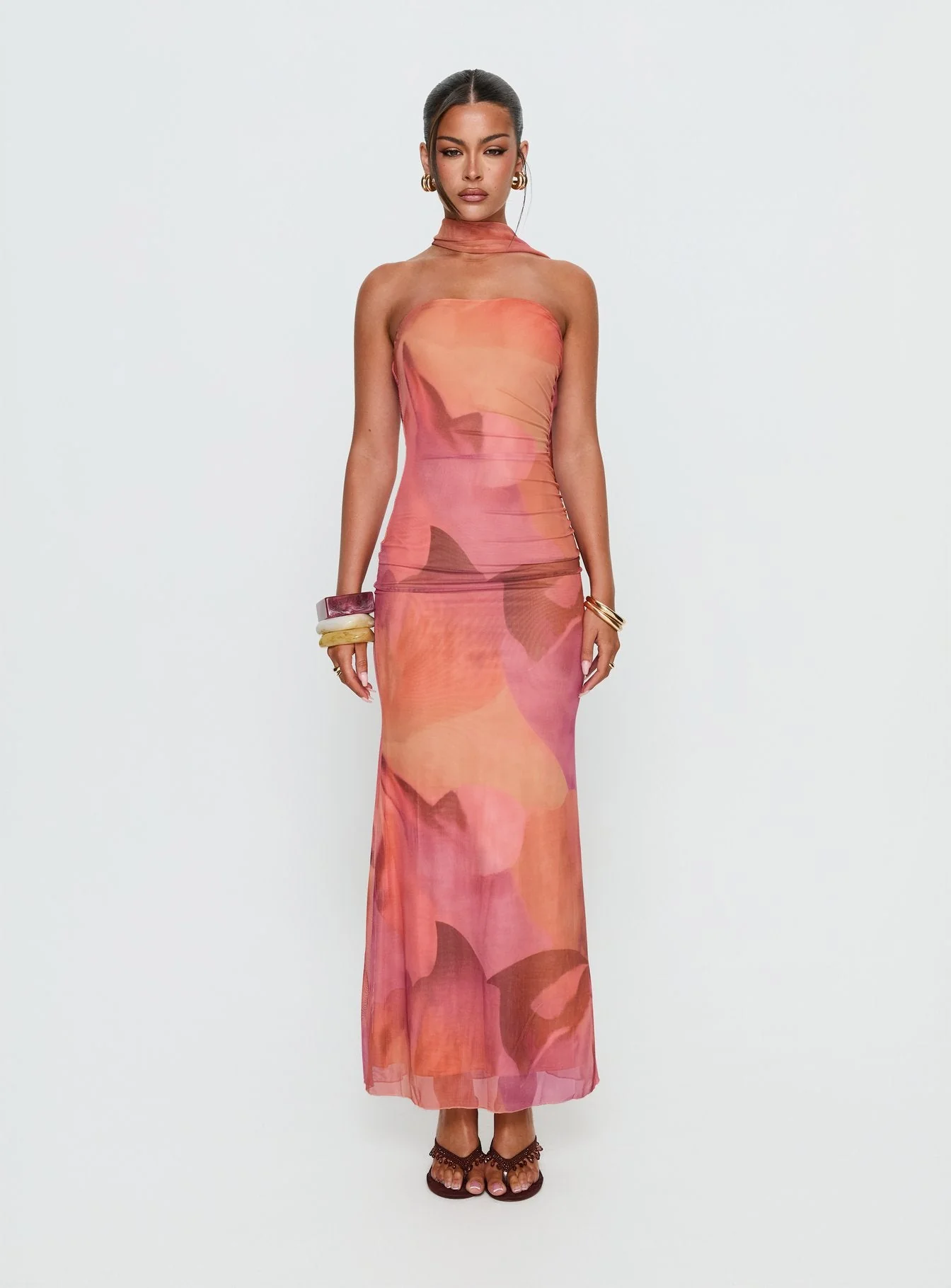 Davynn Scarf Detail Strapless Maxi Dress Pink Multi - Image 6