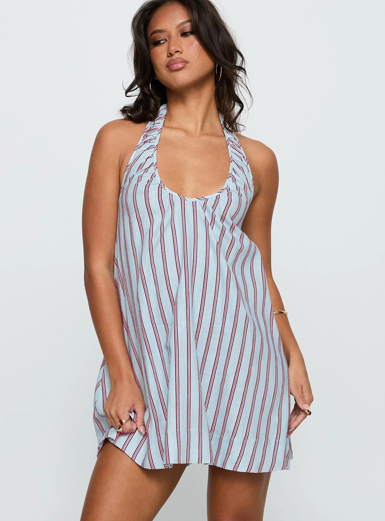 Daydreams Linen Blend Halter Mini Dress Blue / Maroon Stripe - Image 2