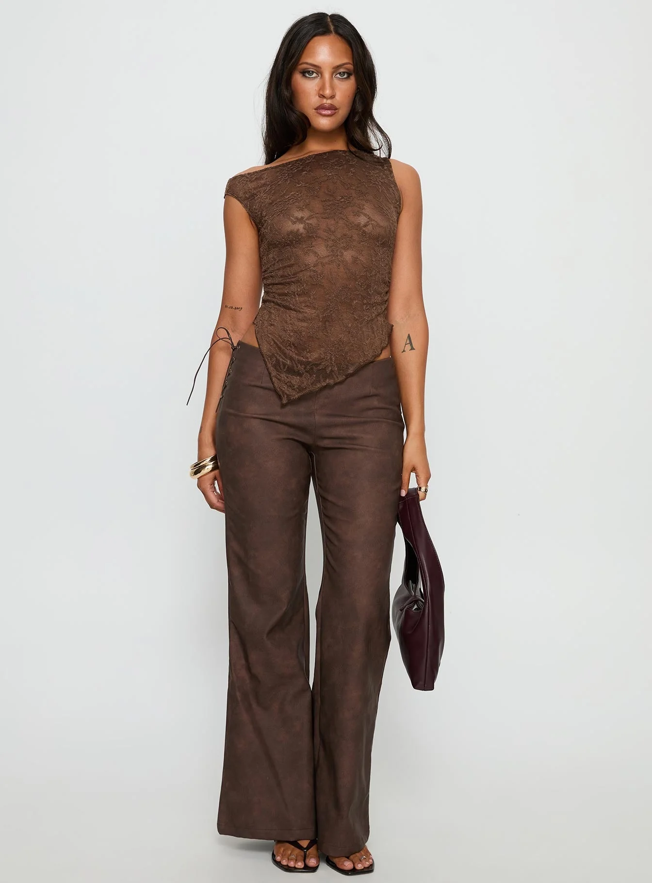 Decia One Shoulder Lace Top Brown - Image 3