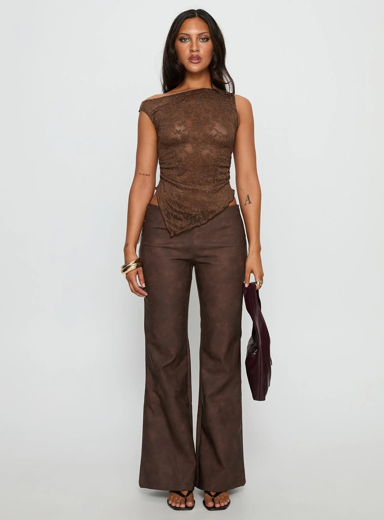 Decia One Shoulder Lace Top Brown - Image 7
