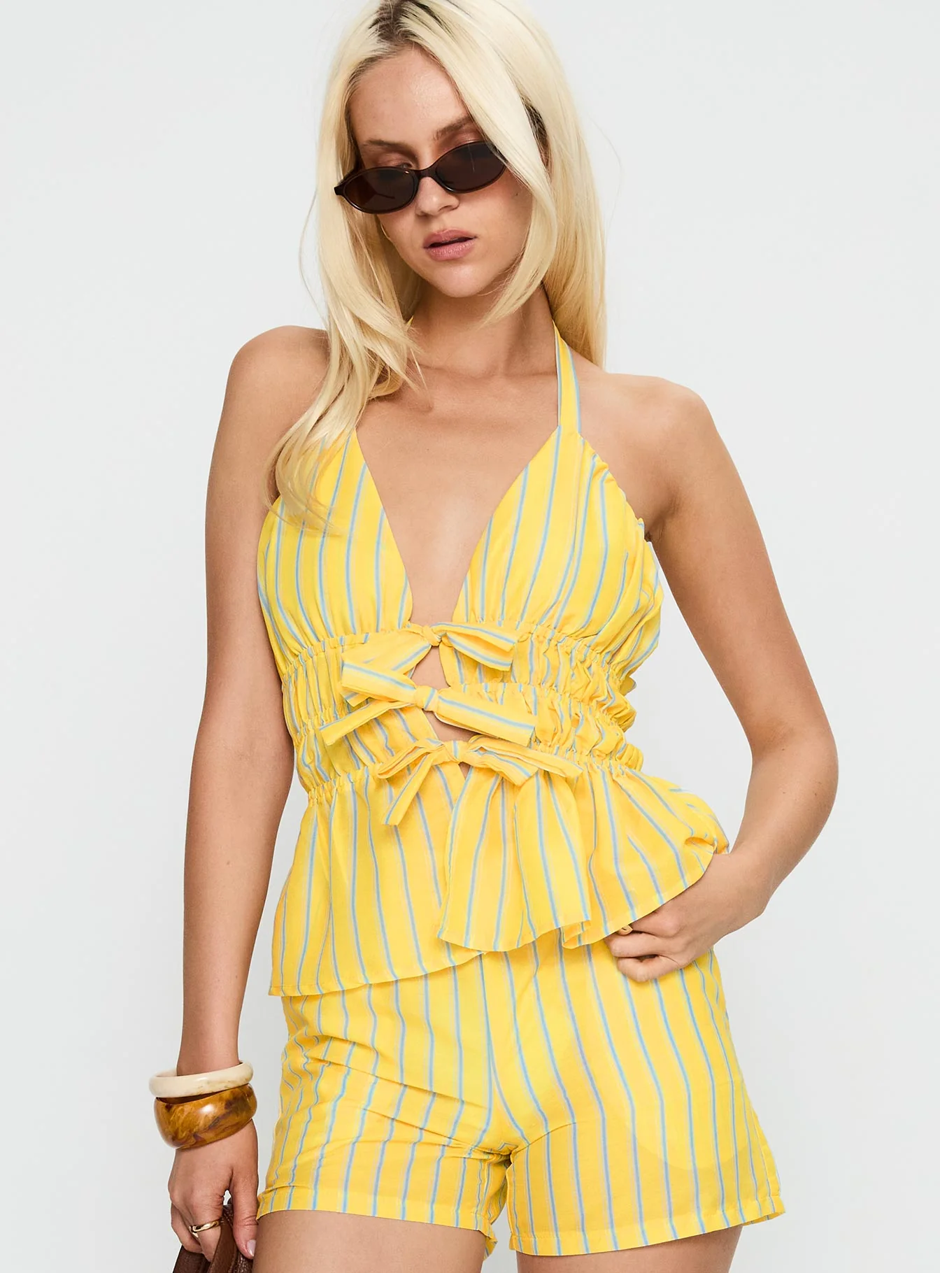 Delicacy Tie Detail Top Yellow Stripe - Image 2