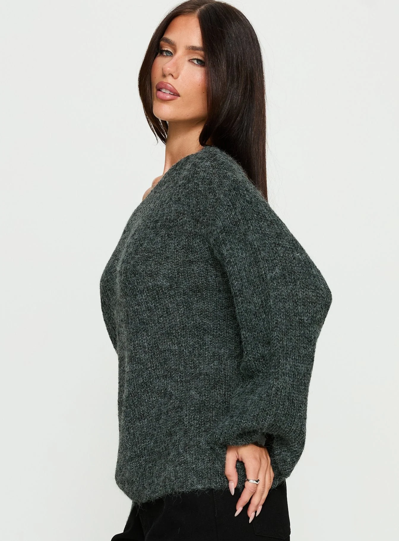 Delyn Off Shoulder Slouchy Knit Sweater Black Marle - Image 4