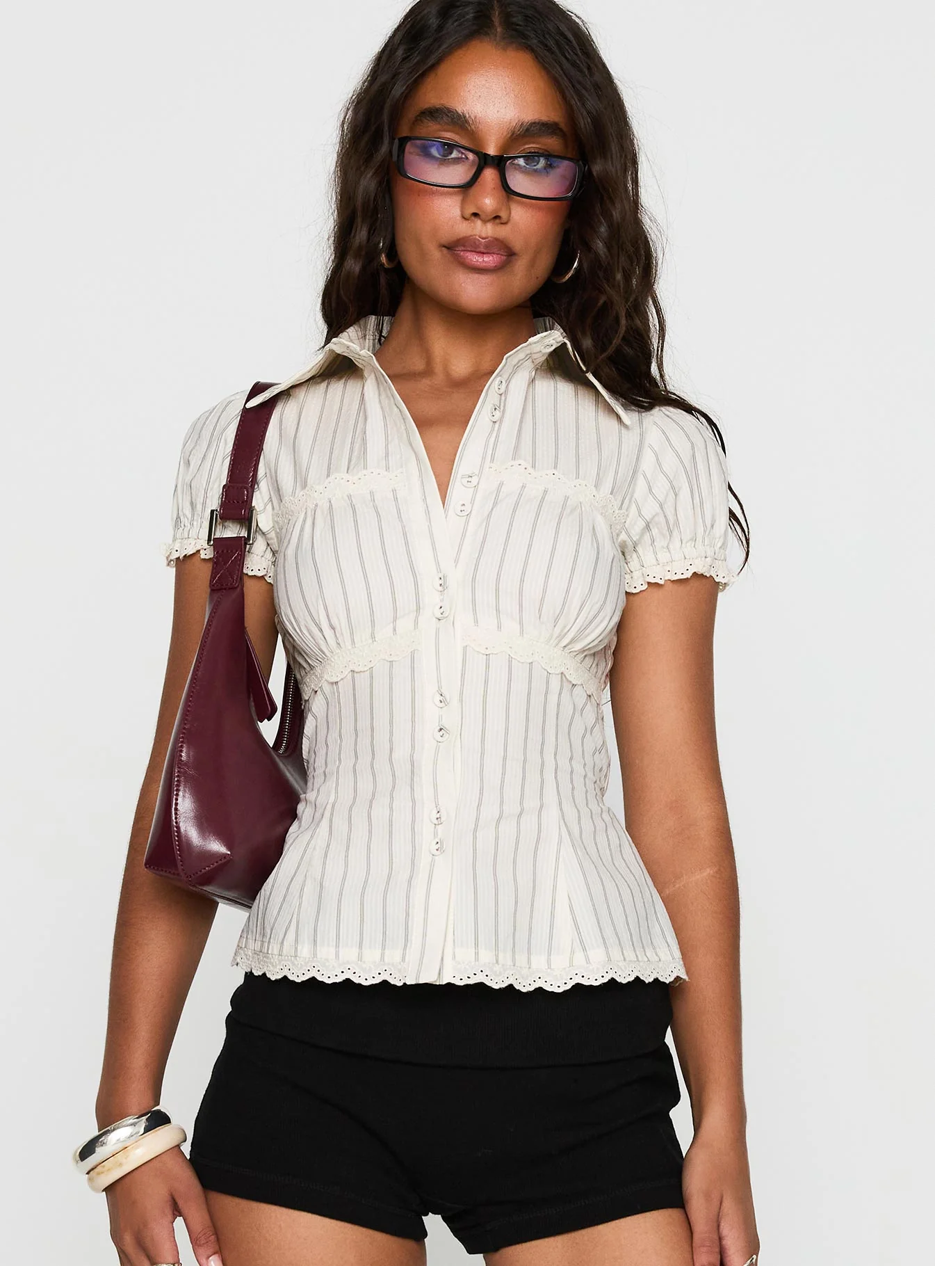 Deserve You Puff Sleeve Button Front Top Cream Stripe Petite - Image 2