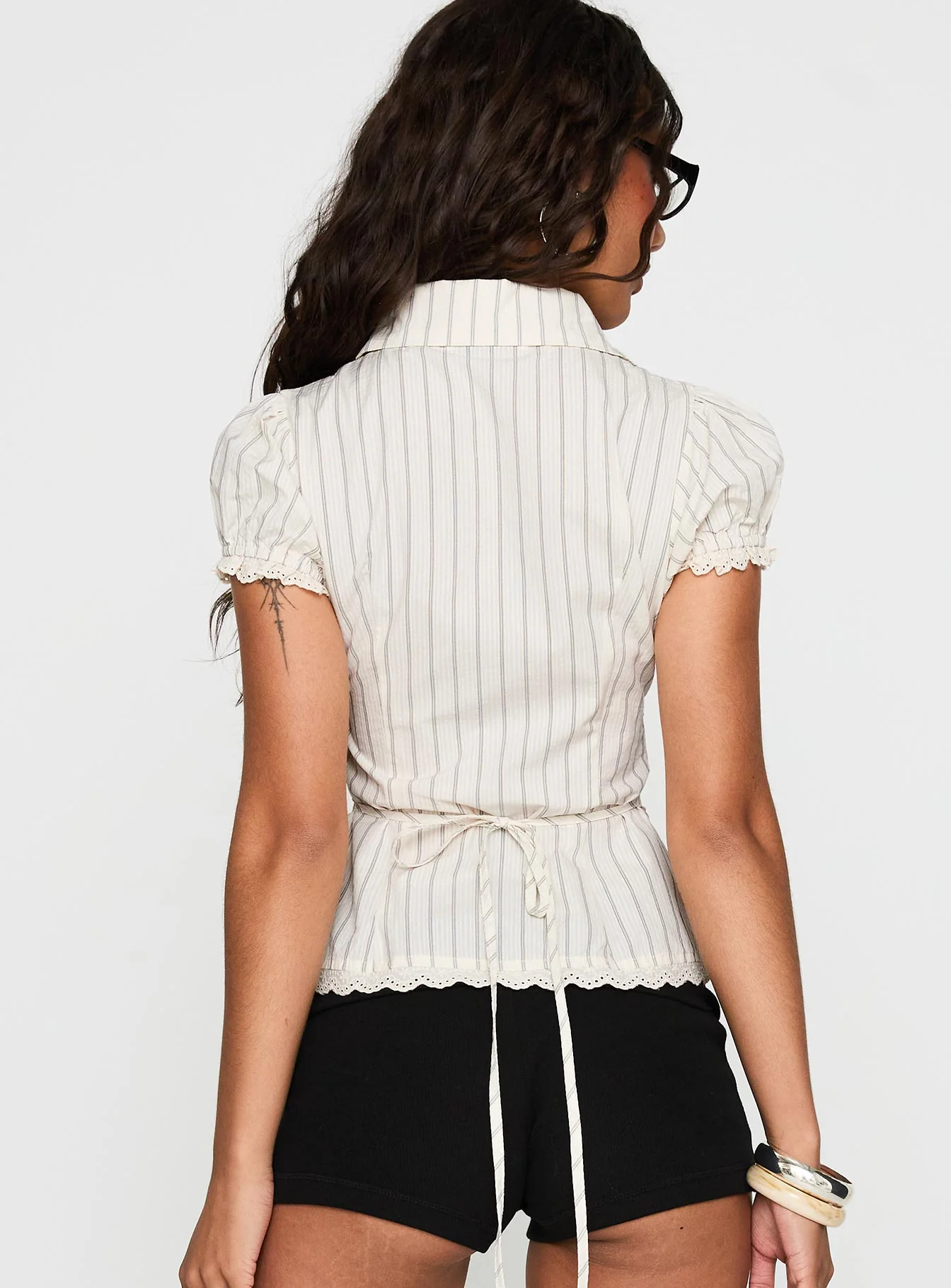 Deserve You Puff Sleeve Button Front Top Cream Stripe Petite - Image 5