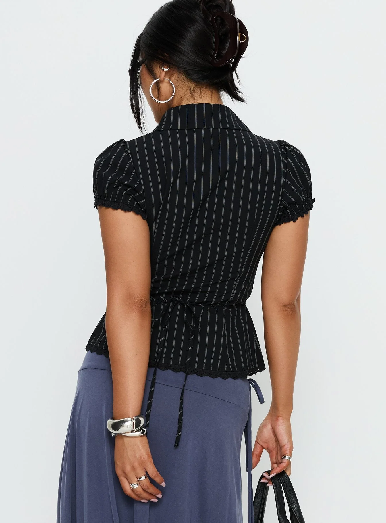 Deserve You Puff Sleeve Button Front Top Black Stripe - Image 5