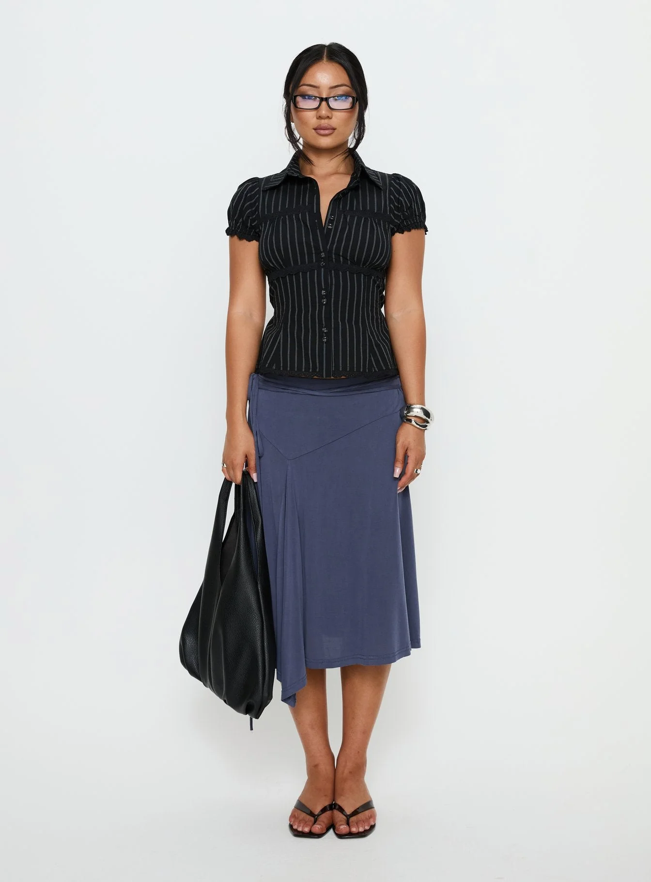 Deserve You Puff Sleeve Button Front Top Black Stripe - Image 7