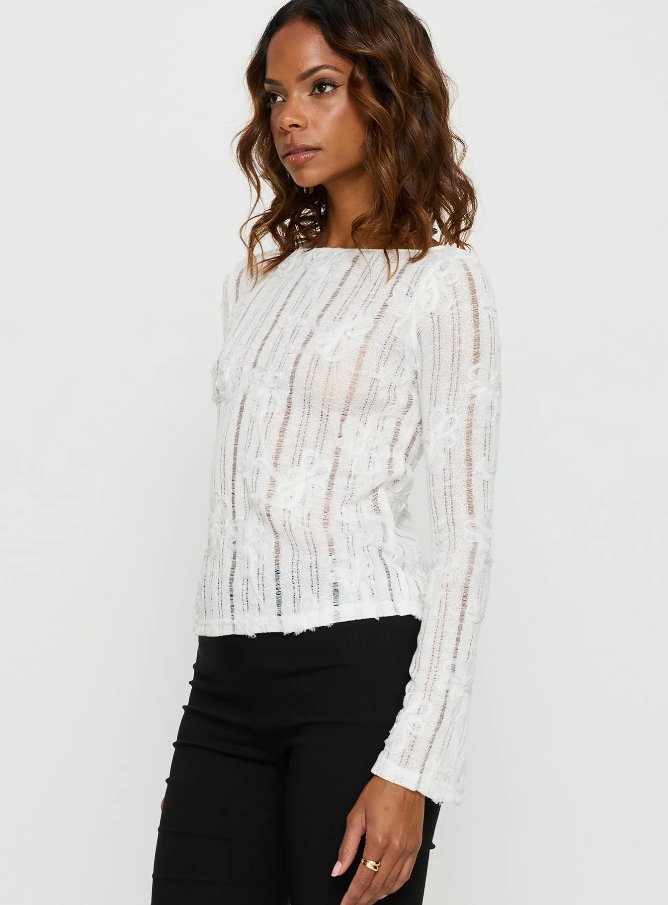 Devanie Sheer Long Sleeve Top White - Image 4