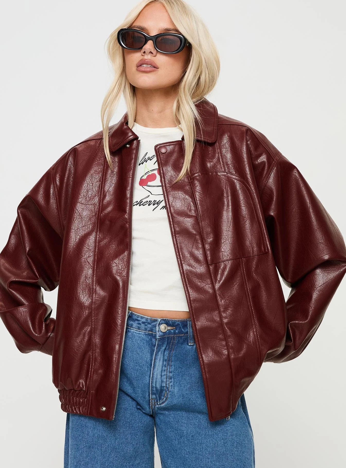 Devija Faux Leather Jacket Burgundy - Image 2