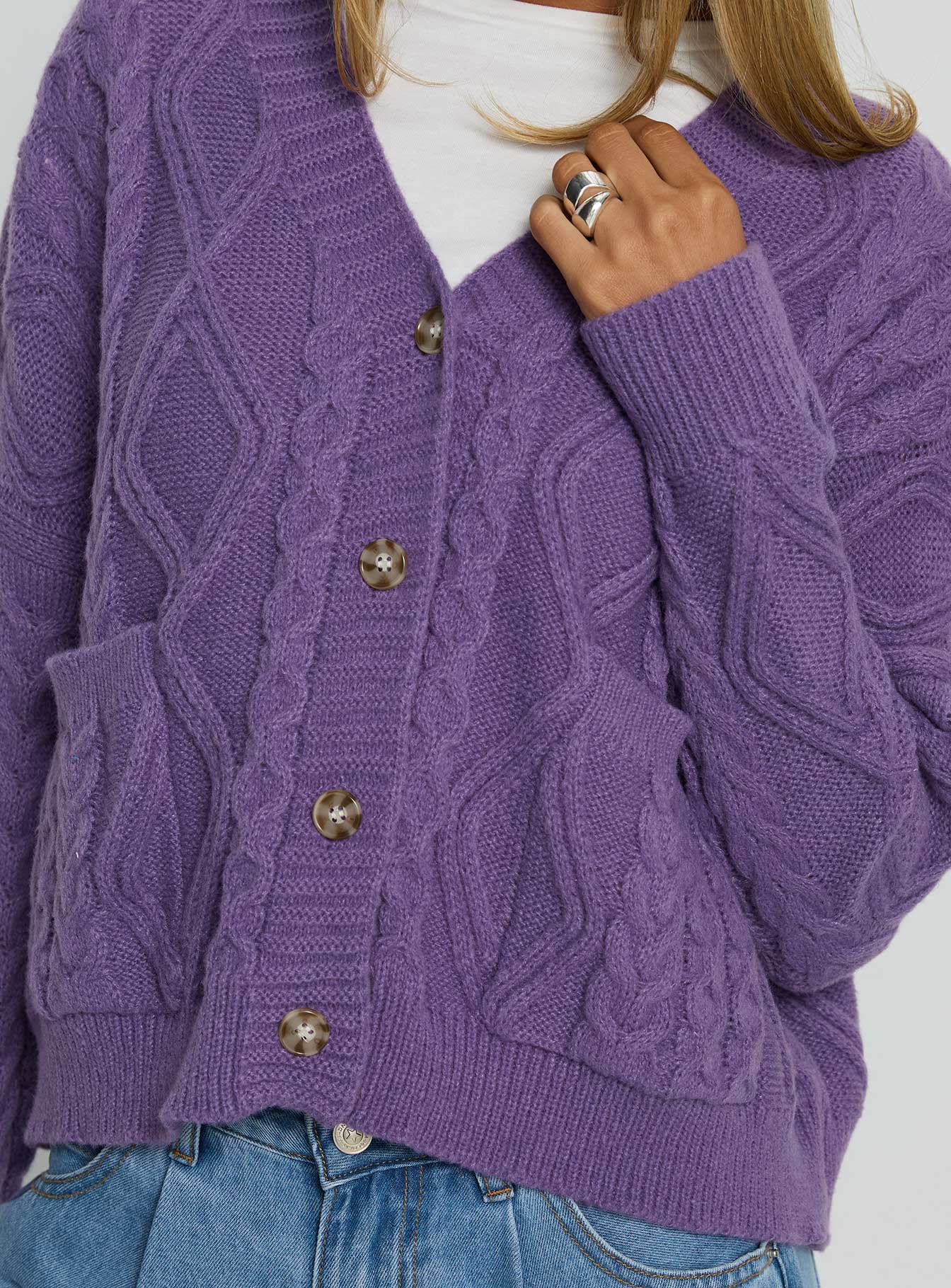 Dillian Cable Knit Cardigan Purple - Image 5
