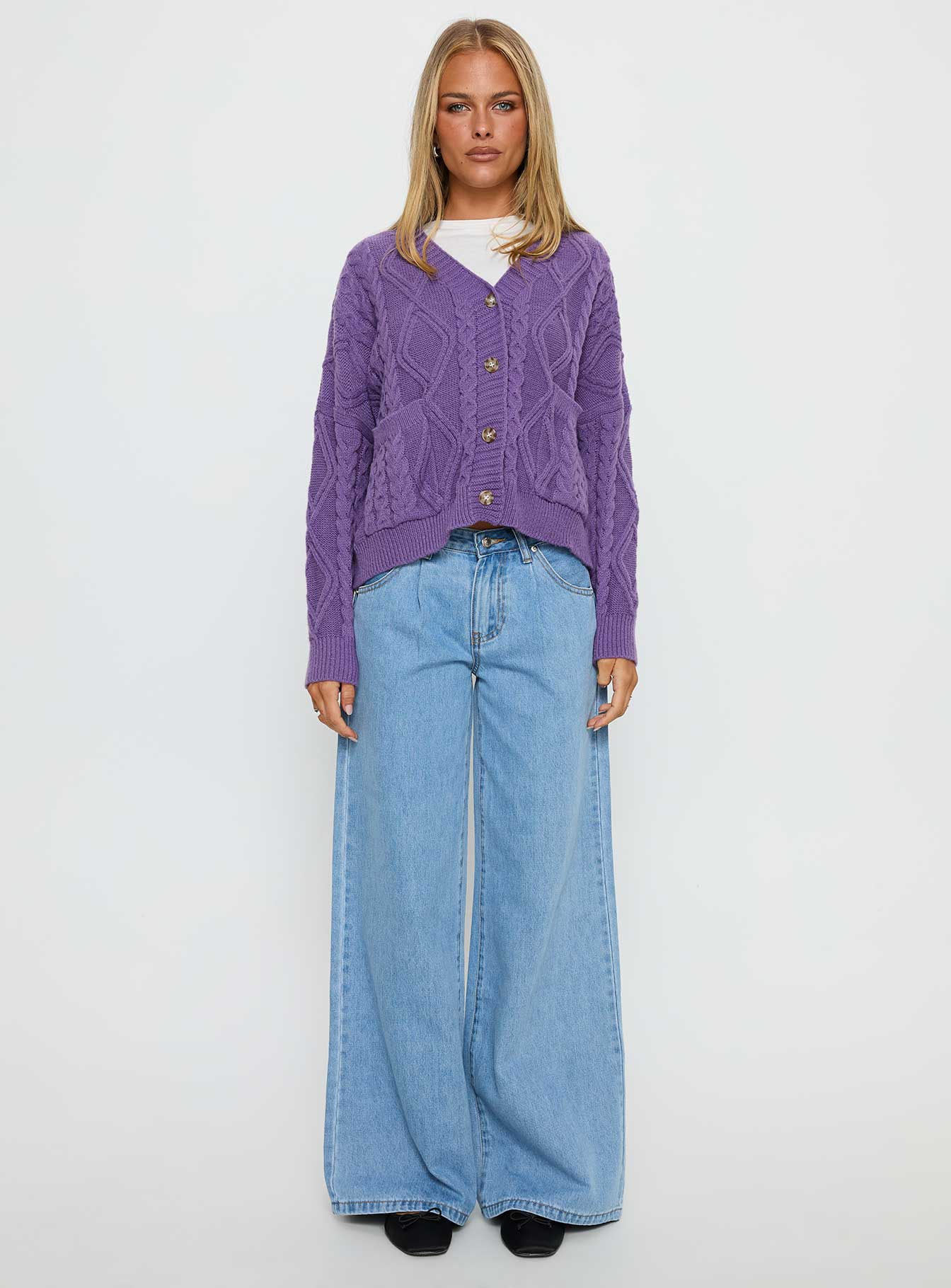 Dillian Cable Knit Cardigan Purple - Image 6