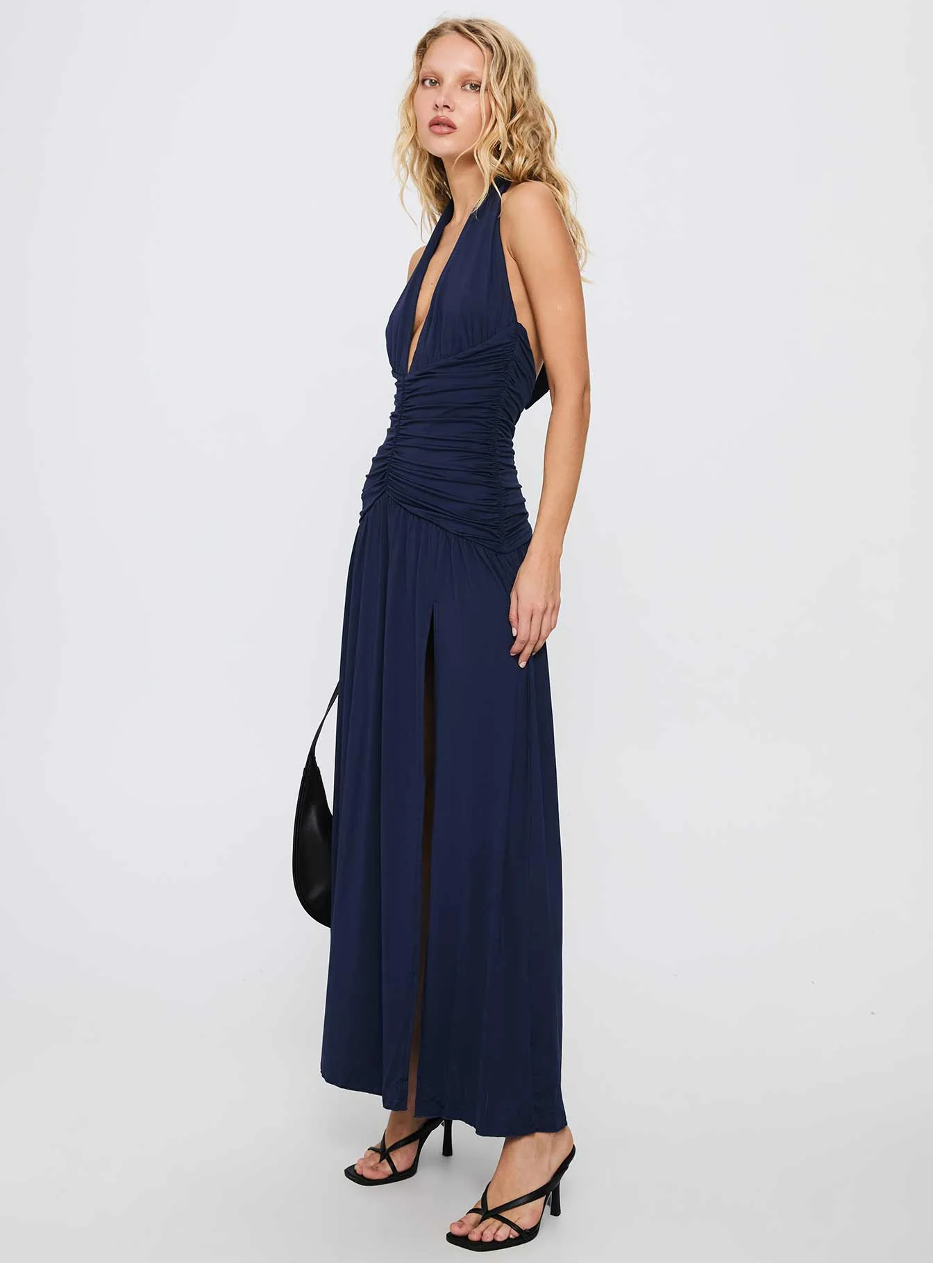 Diona Halter Ruched Maxi Dress Navy - Image 4