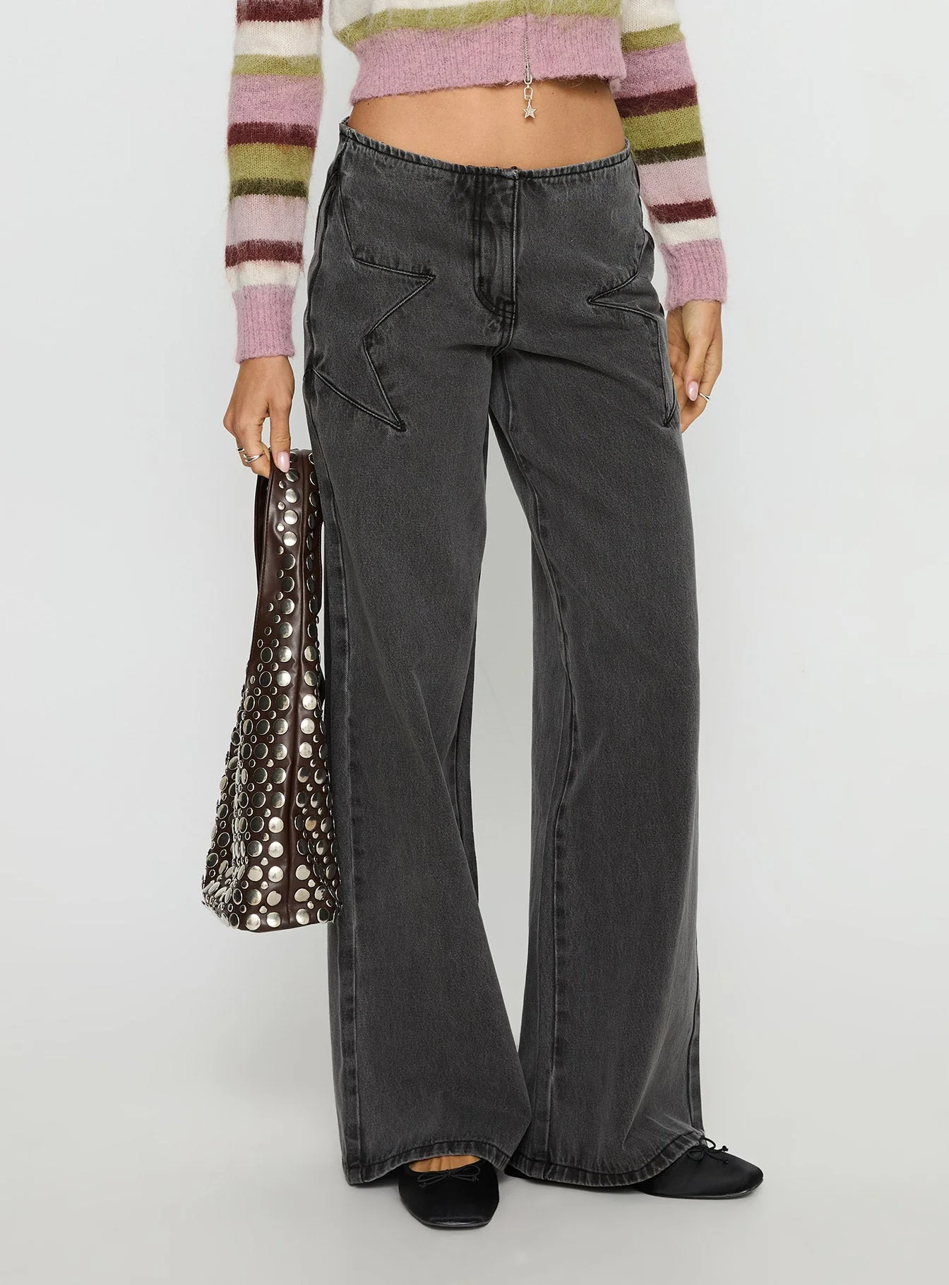 Dolley Star Stitch Mid Rise Wide Leg Jean Grey Wash - Image 2