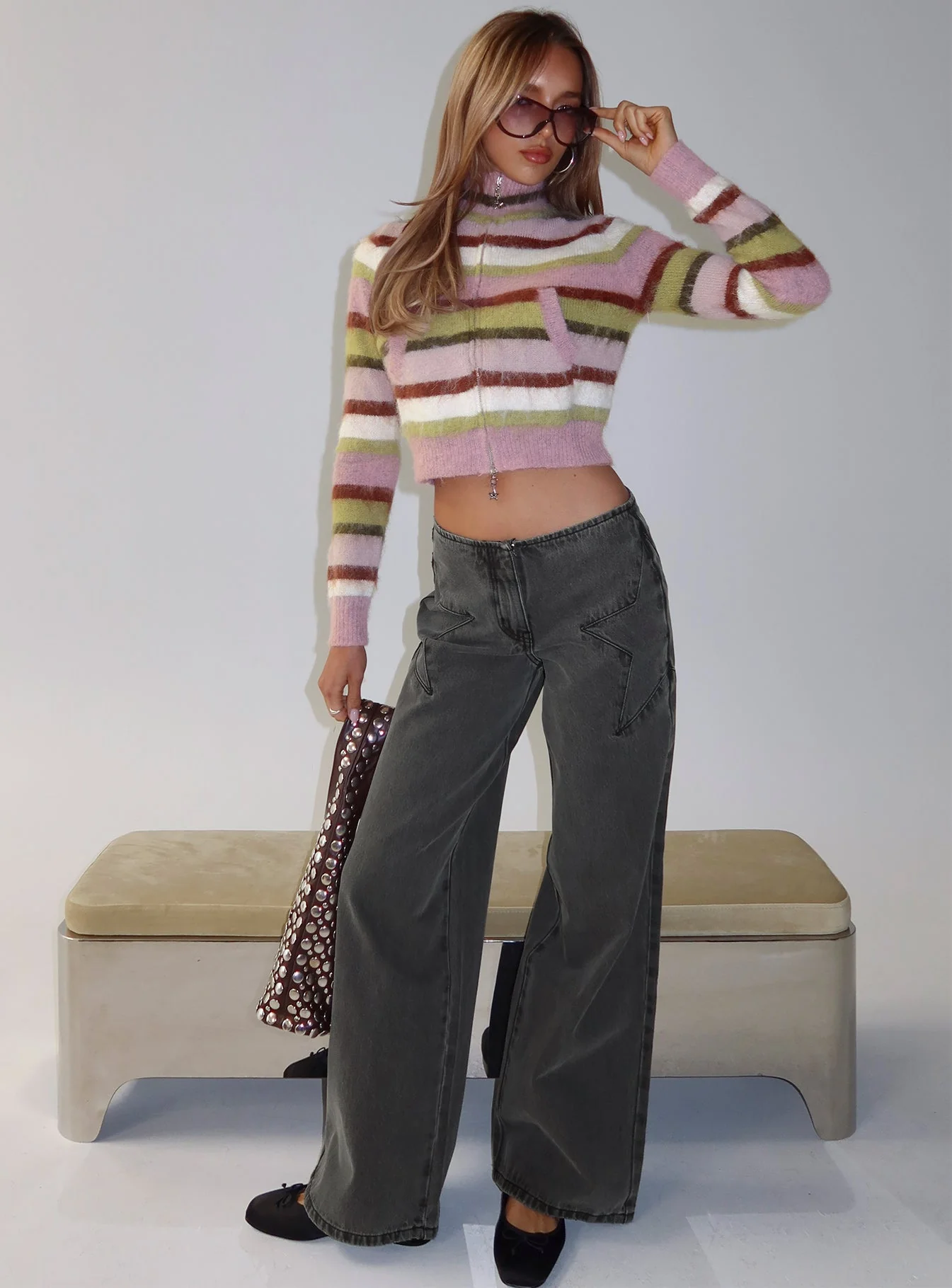 Dolley Star Stitch Mid Rise Wide Leg Jean Grey Wash - Image 8