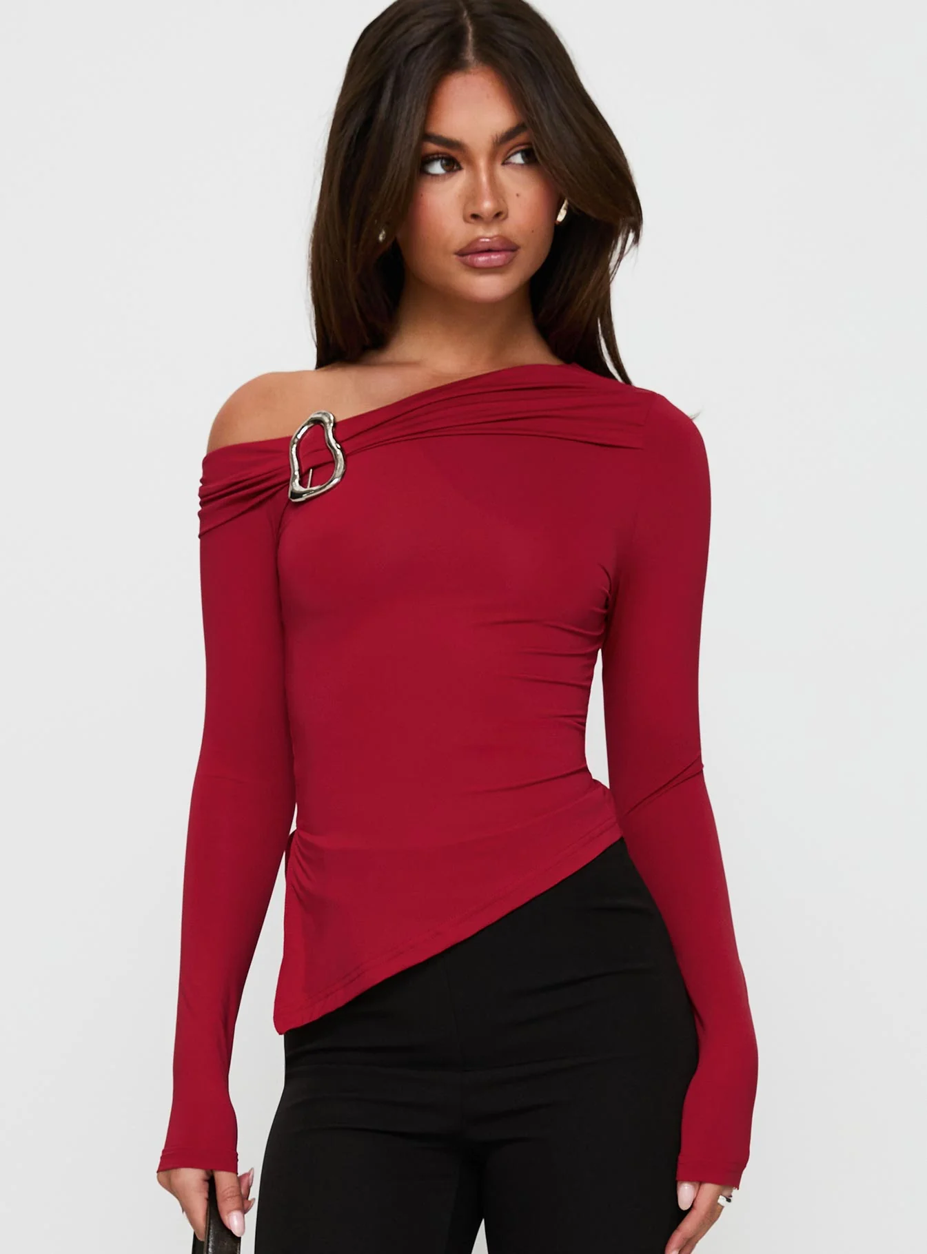 Donalla Off The Shoulder Hardware Detail Top Red - Image 2