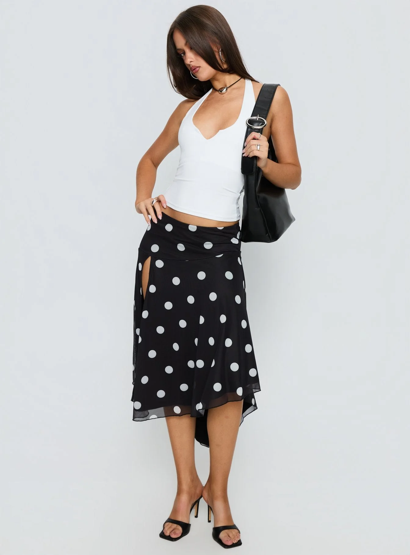 Dulciana High Split Asymmetrical Midi Skirt Black / Polka Dot - Image 2