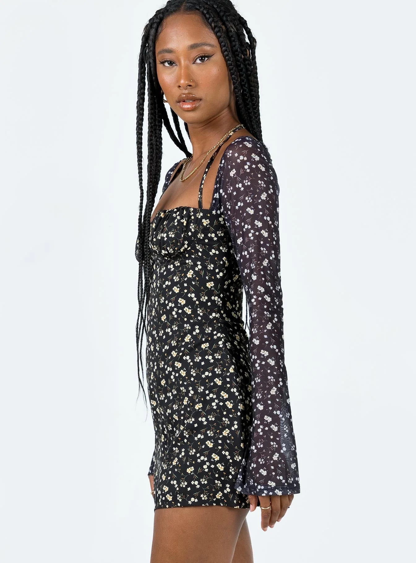 Dyer Sheer Sleeve Mini Dress Black Floral - Image 4