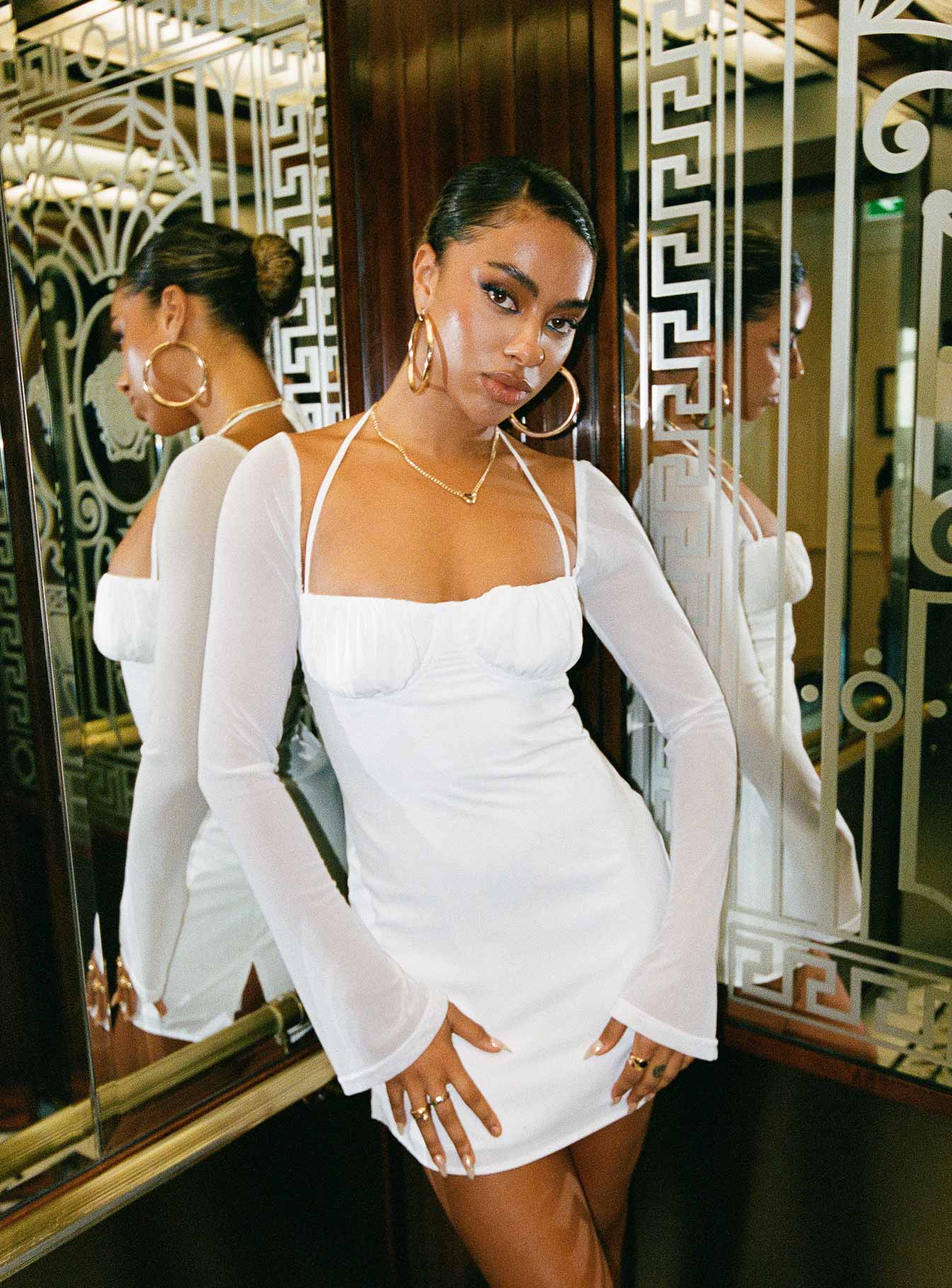 Dyer Sheer Sleeve Mini Dress White Low Impact - Image 8