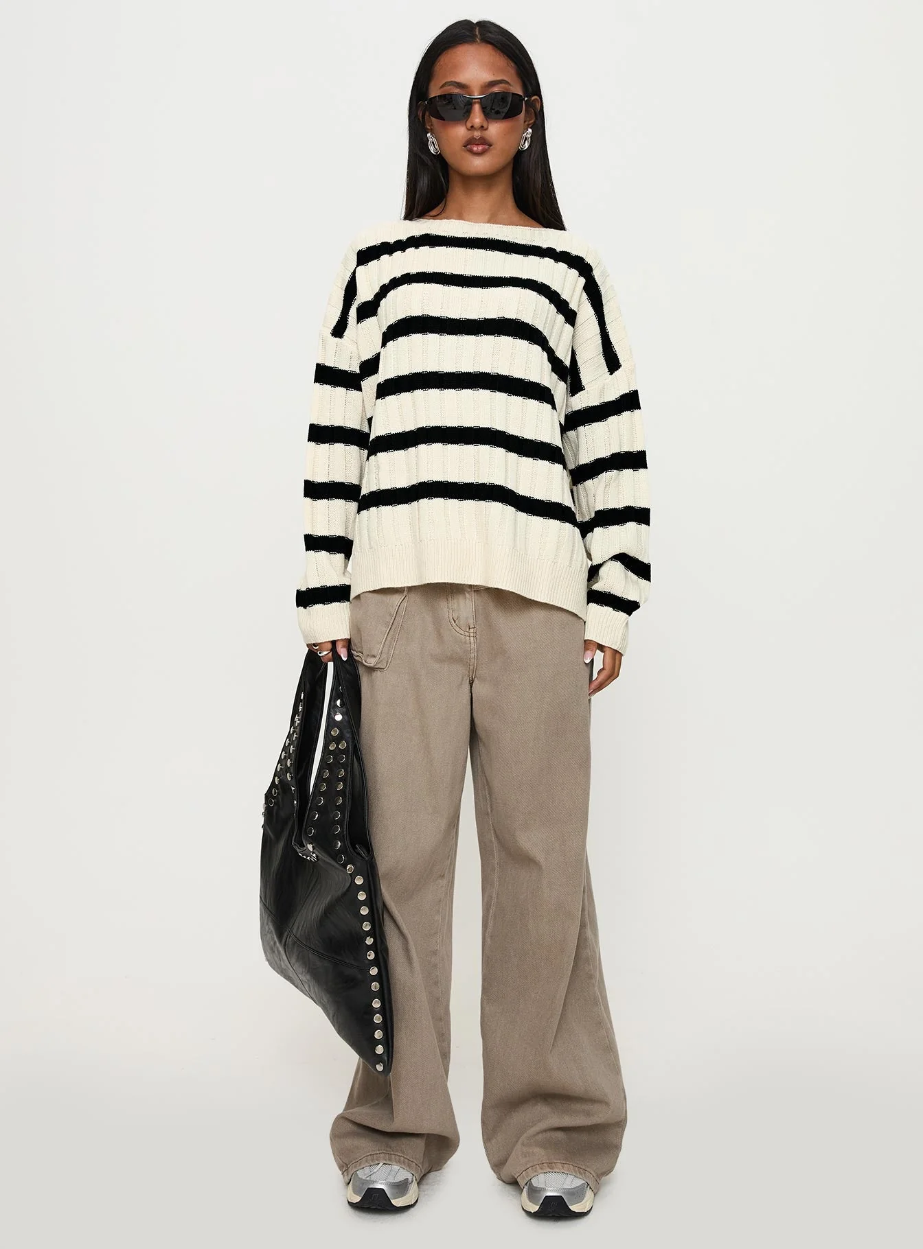 Elenita Wide Neck Knit Sweater Black / White - Image 7