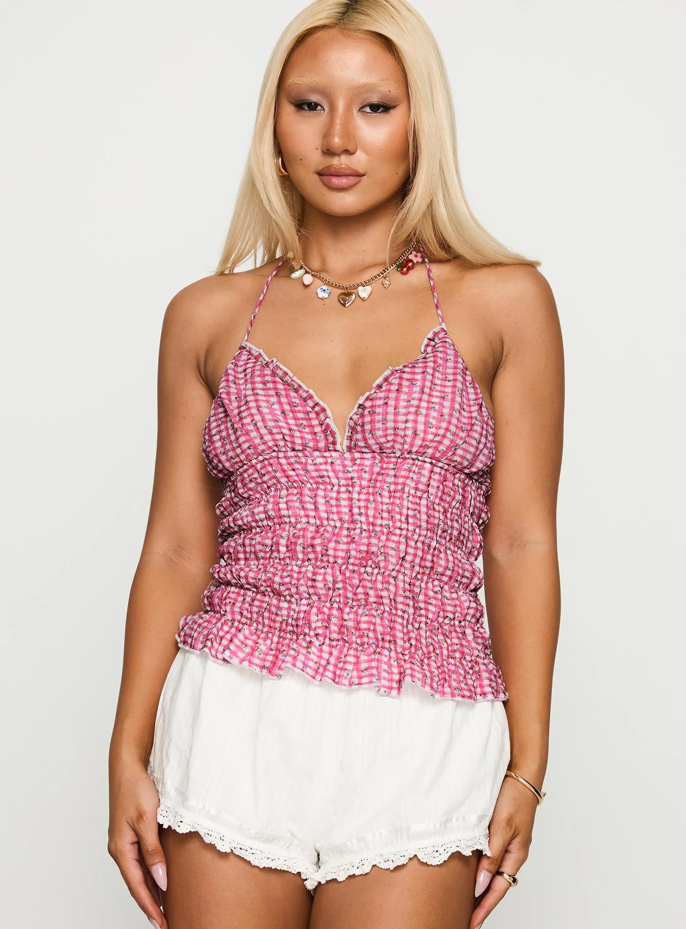 Eliette Ruched Top Pink Check - Image 2