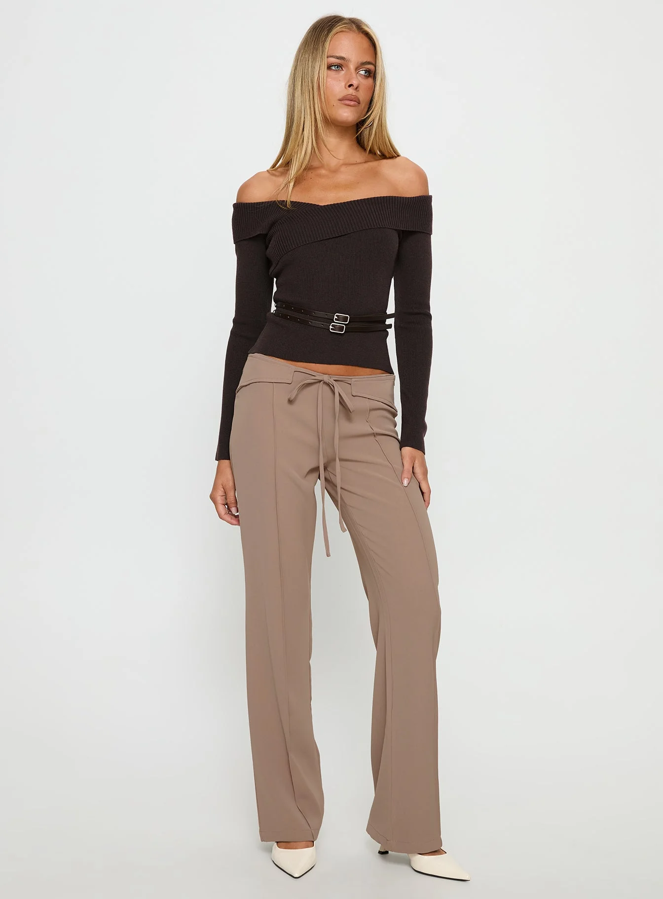 Ellenore Belt Detail Off Shoulder Top Brown - Image 3