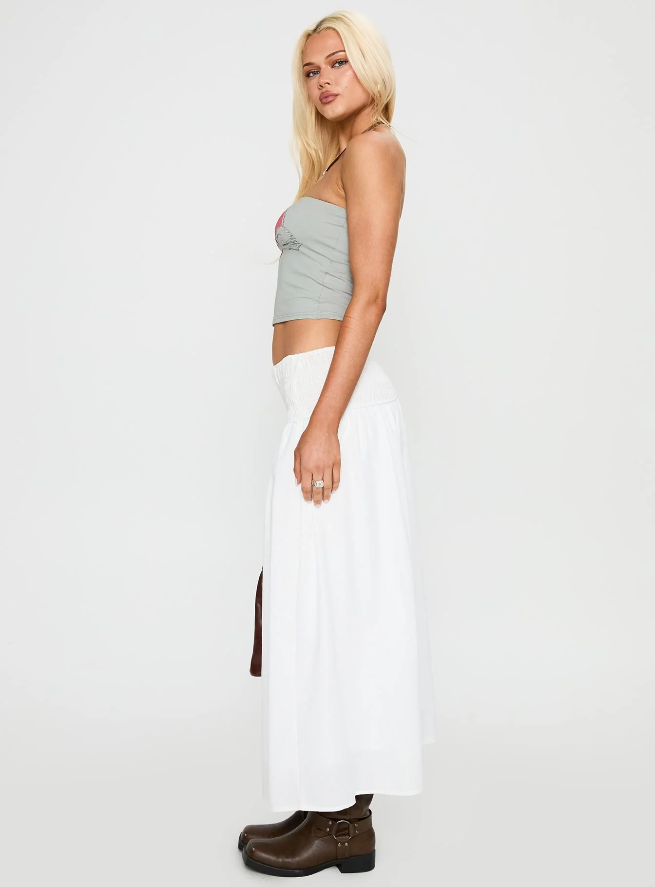 Small Towns Shirred Midi Skirt White - Image 4