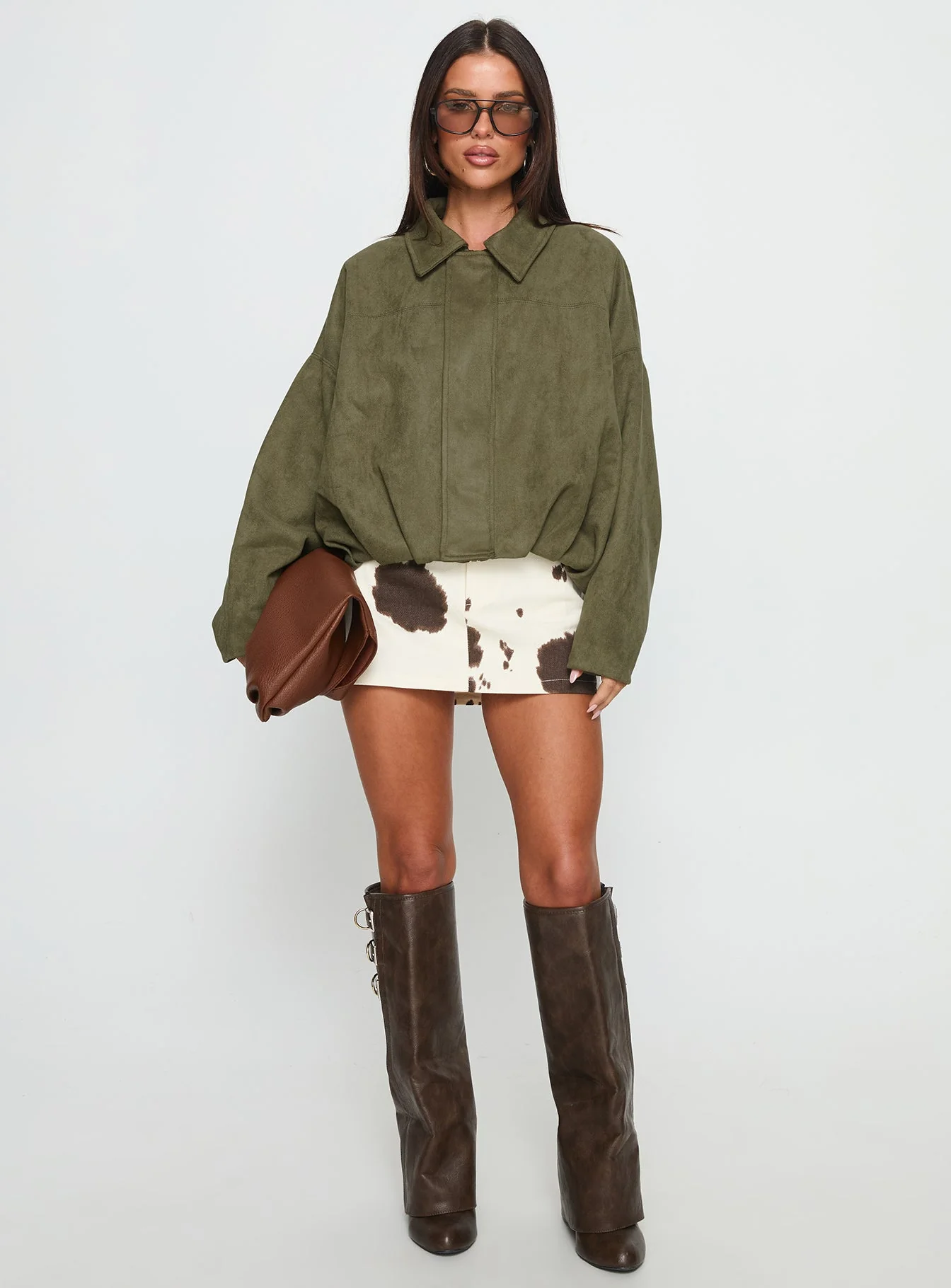 Enlightened Faux Suede Bomber Jacket Khaki - Image 3