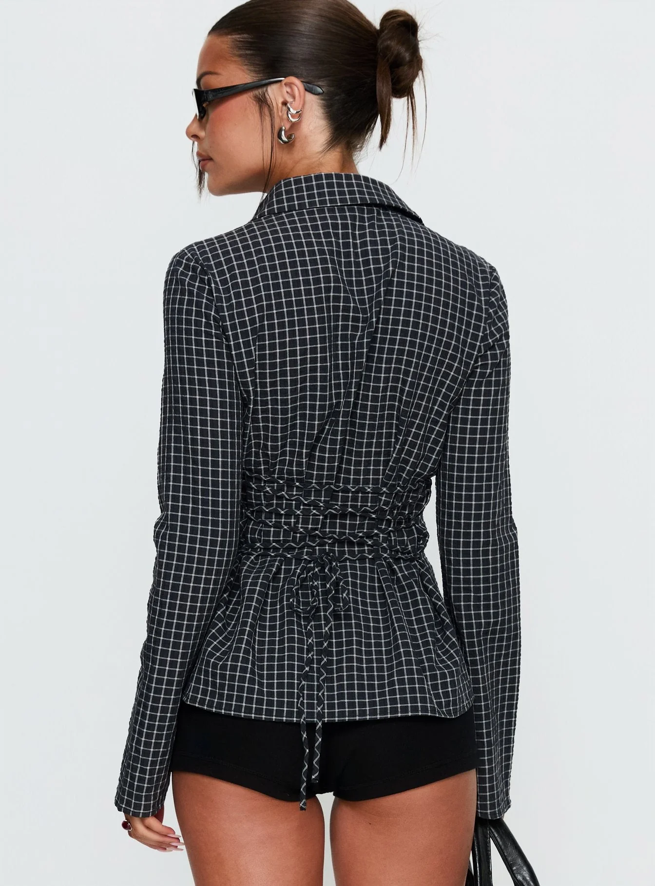 Eryx Tie Back Button Up Top Black Check - Image 4