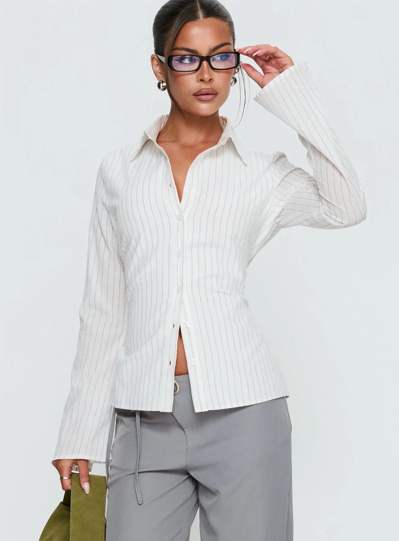 Eryx Tie Back Button Up Top White Pinstripe - Image 2