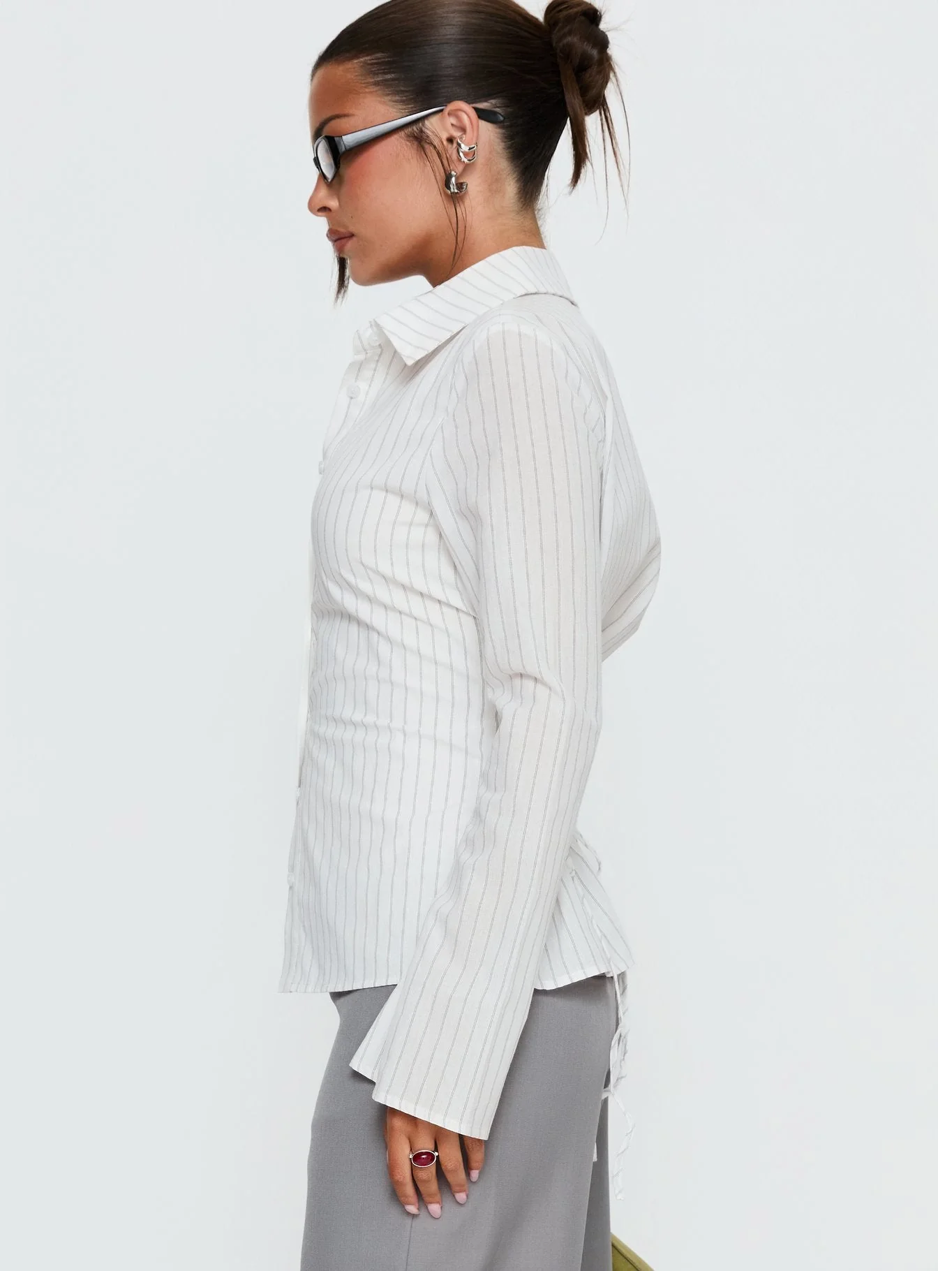 Eryx Tie Back Button Up Top White Pinstripe - Image 4