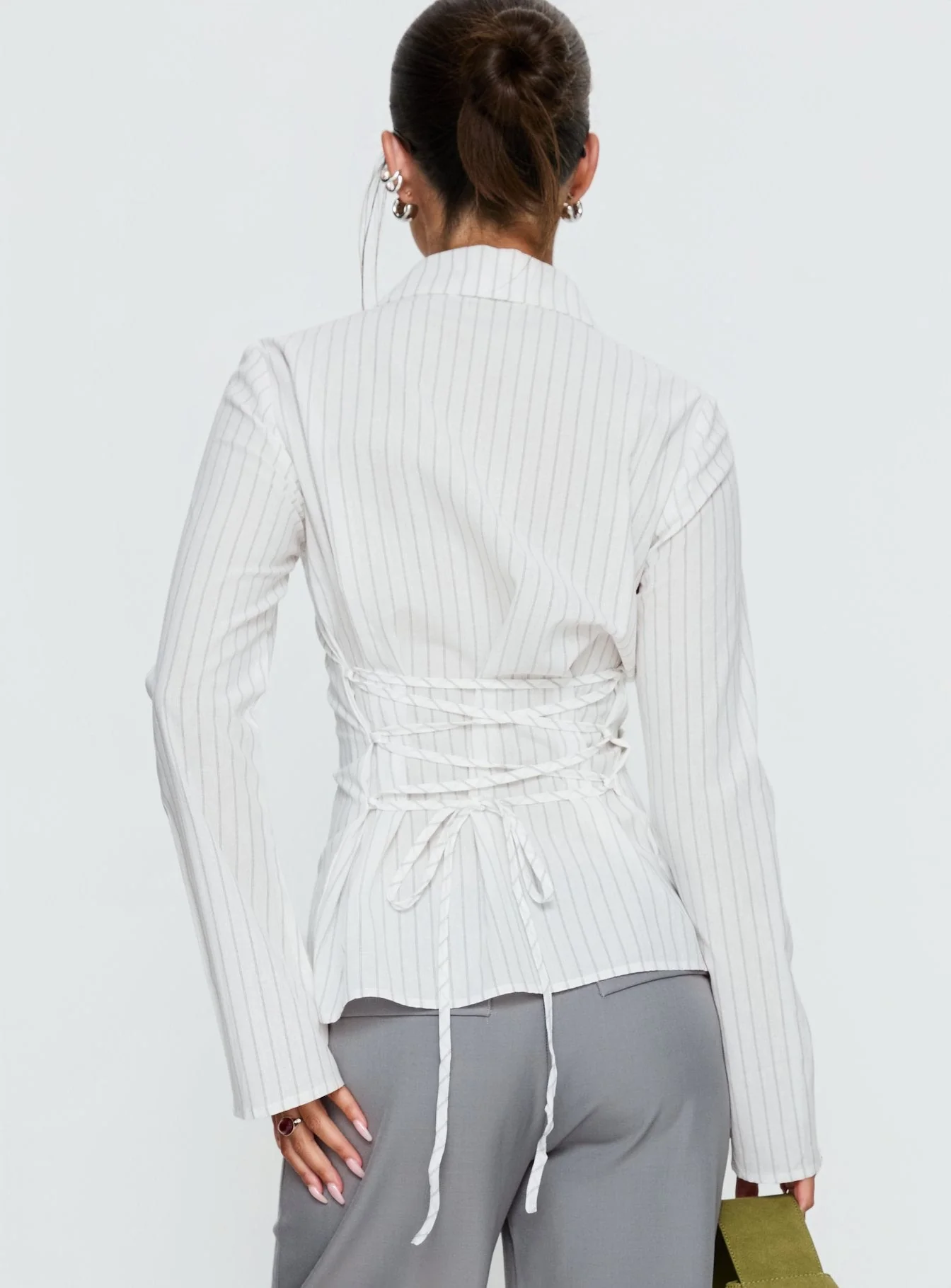 Eryx Tie Back Button Up Top White Pinstripe - Image 5