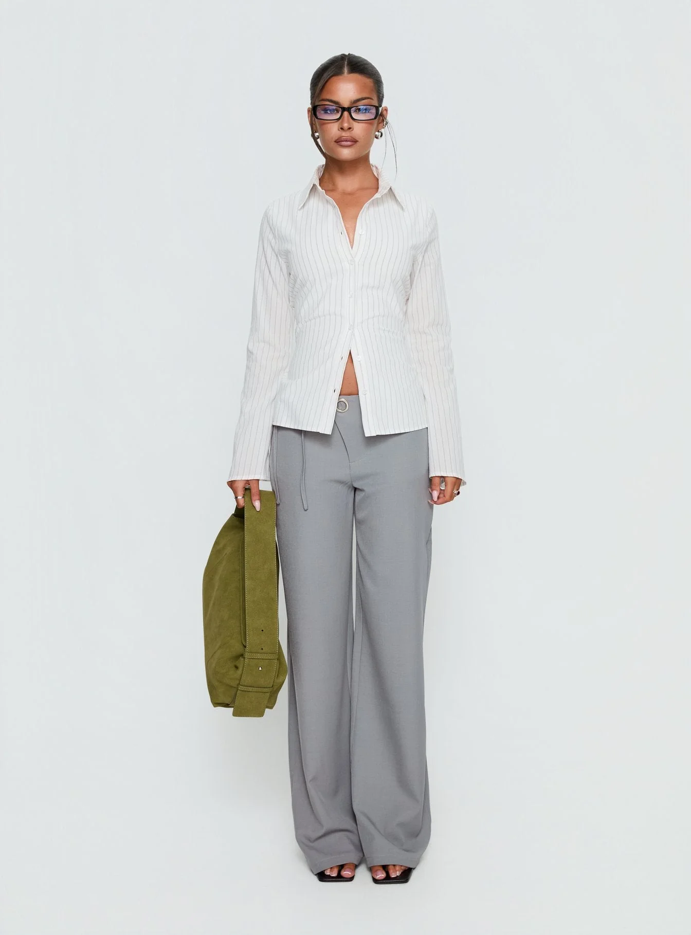 Eryx Tie Back Button Up Top White Pinstripe - Image 7