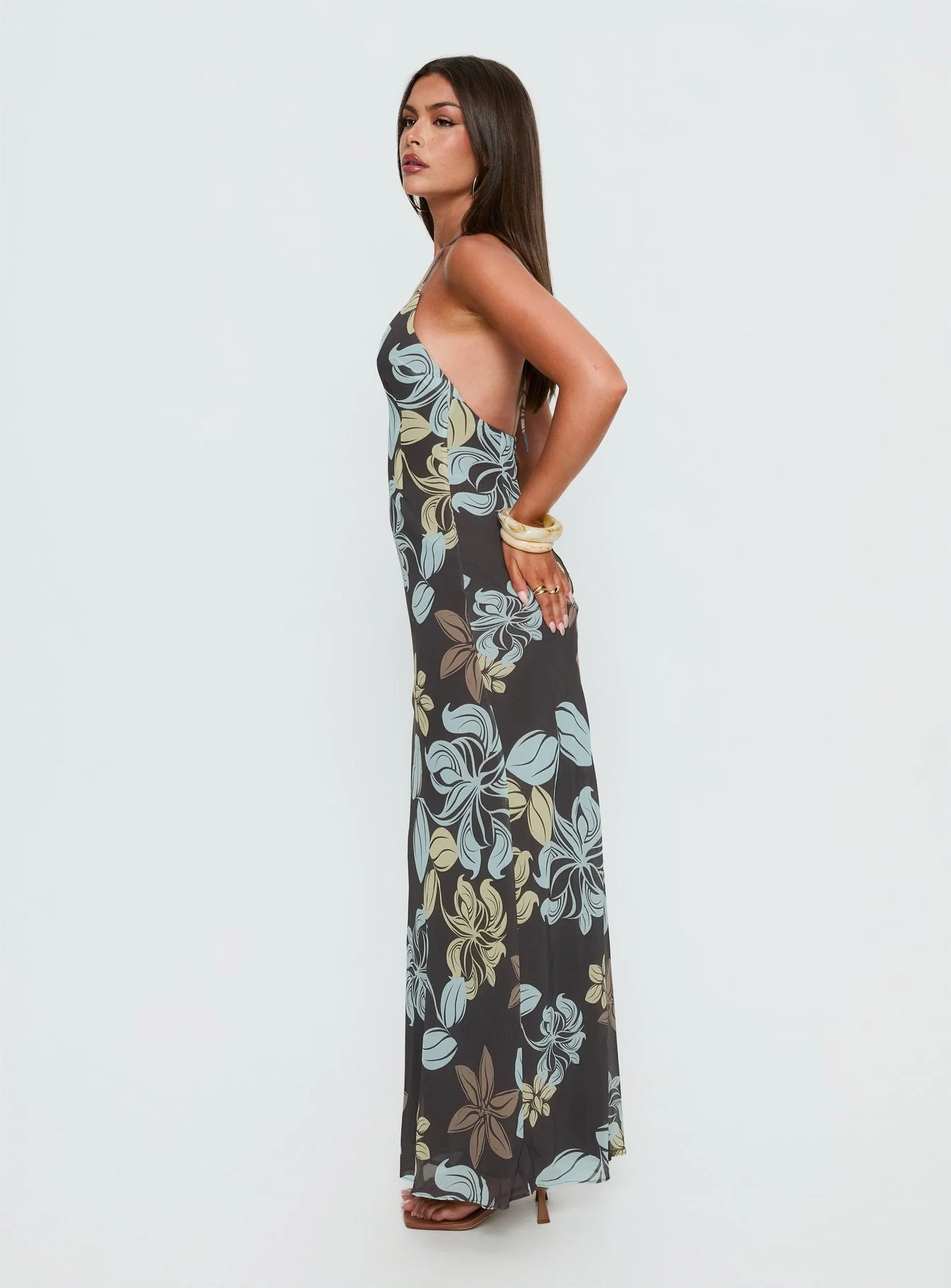 Esmira Halter Maxi Dress Chocolate / Blue Floral - Image 3