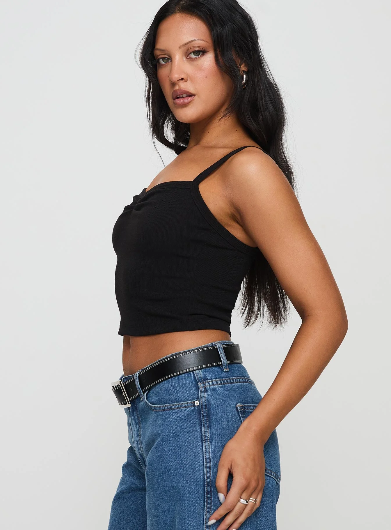 Essentials Ruched Rib Cami Top Black - Image 4