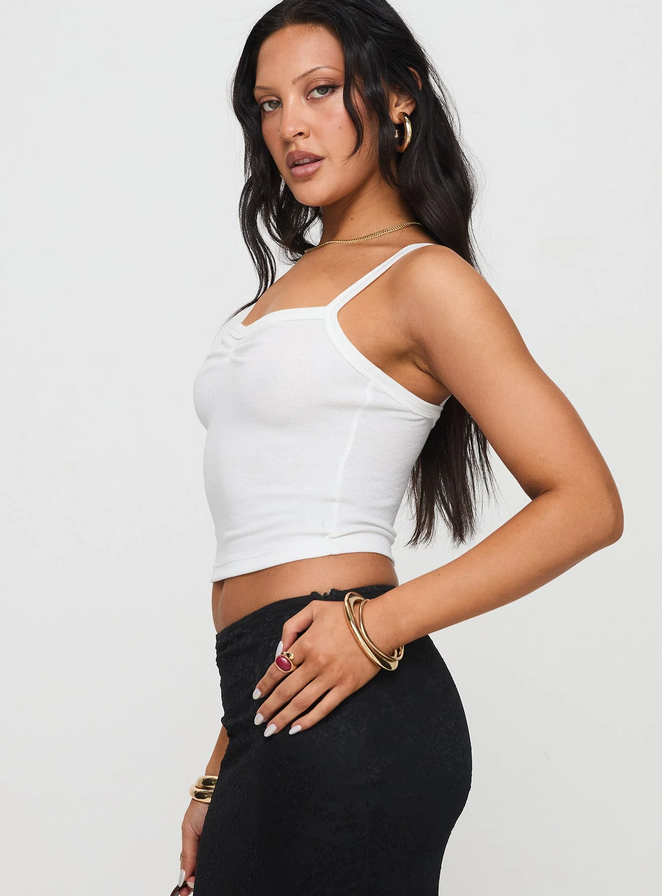 Essentials Ruched Rib Cami Top White - Image 3
