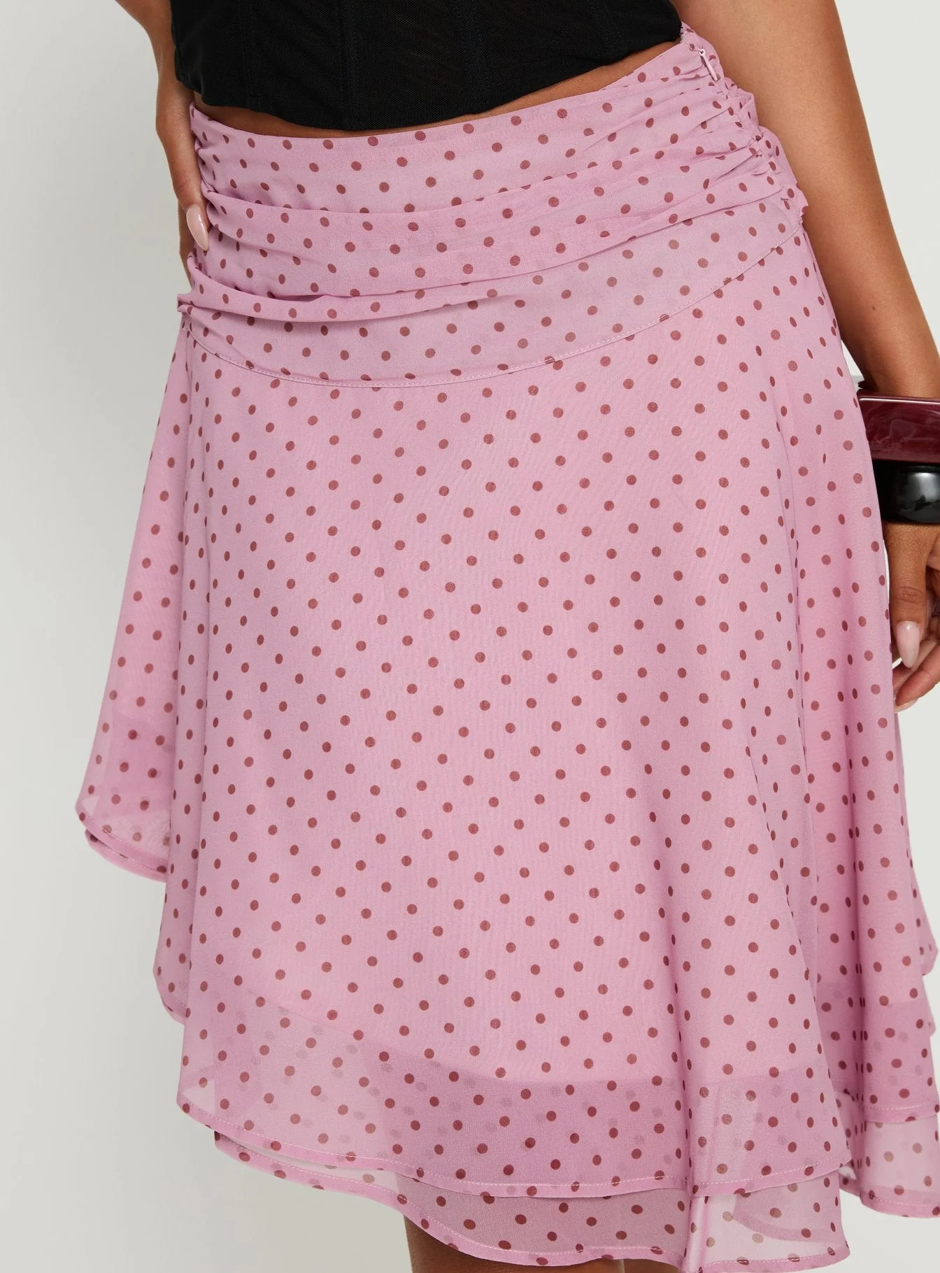 Evanescence Asymmetrical Midi Skirt Pink Polka Dot - Image 6