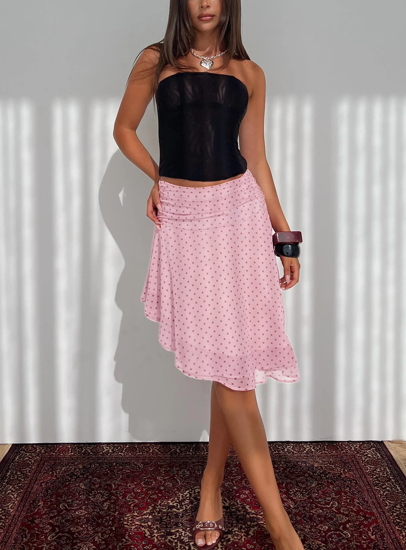 Evanescence Asymmetrical Midi Skirt Pink Polka Dot - Image 8