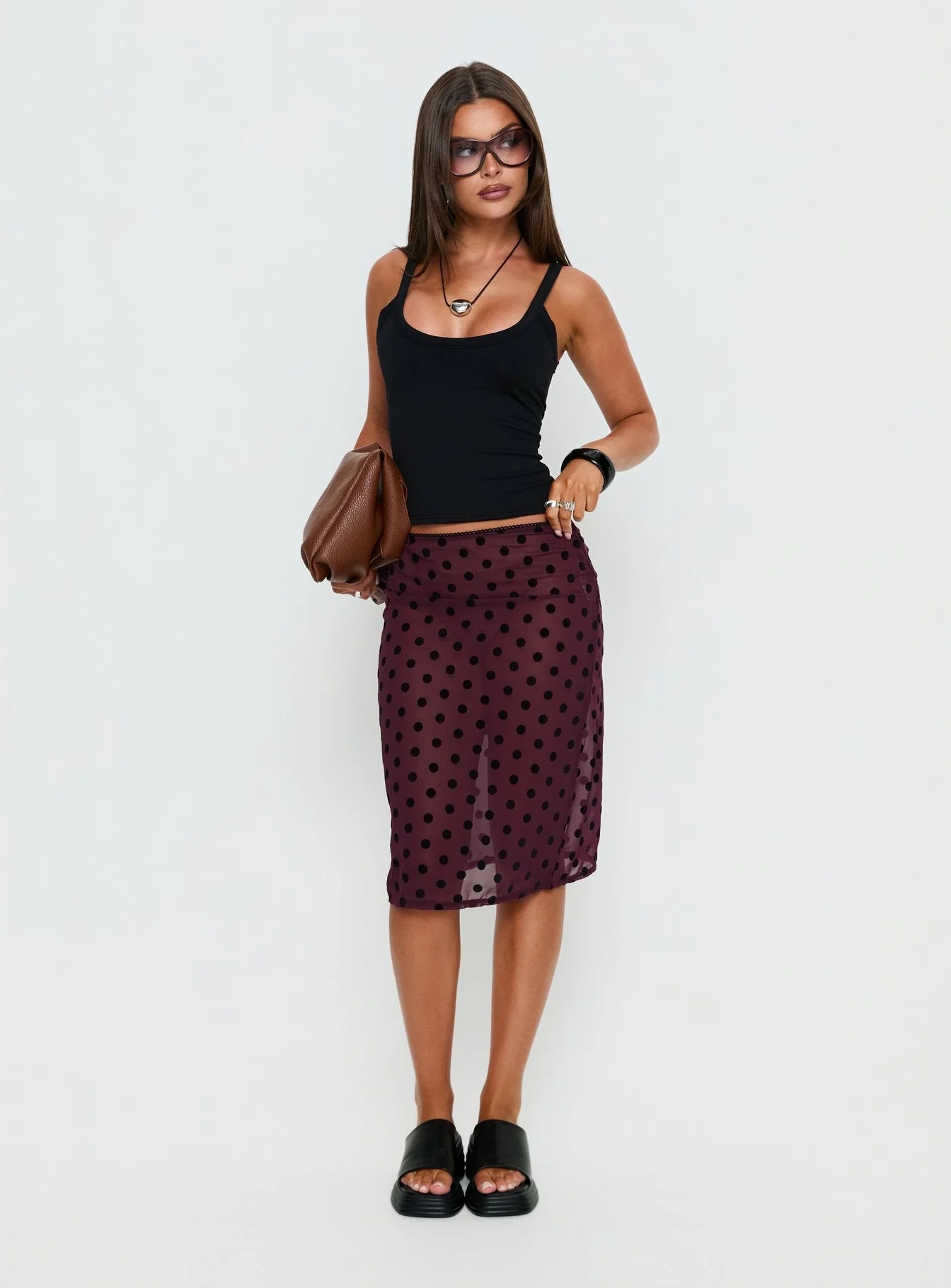 Evani Sheer Chiffon Midi Skirt Polka Maroon - Image 2