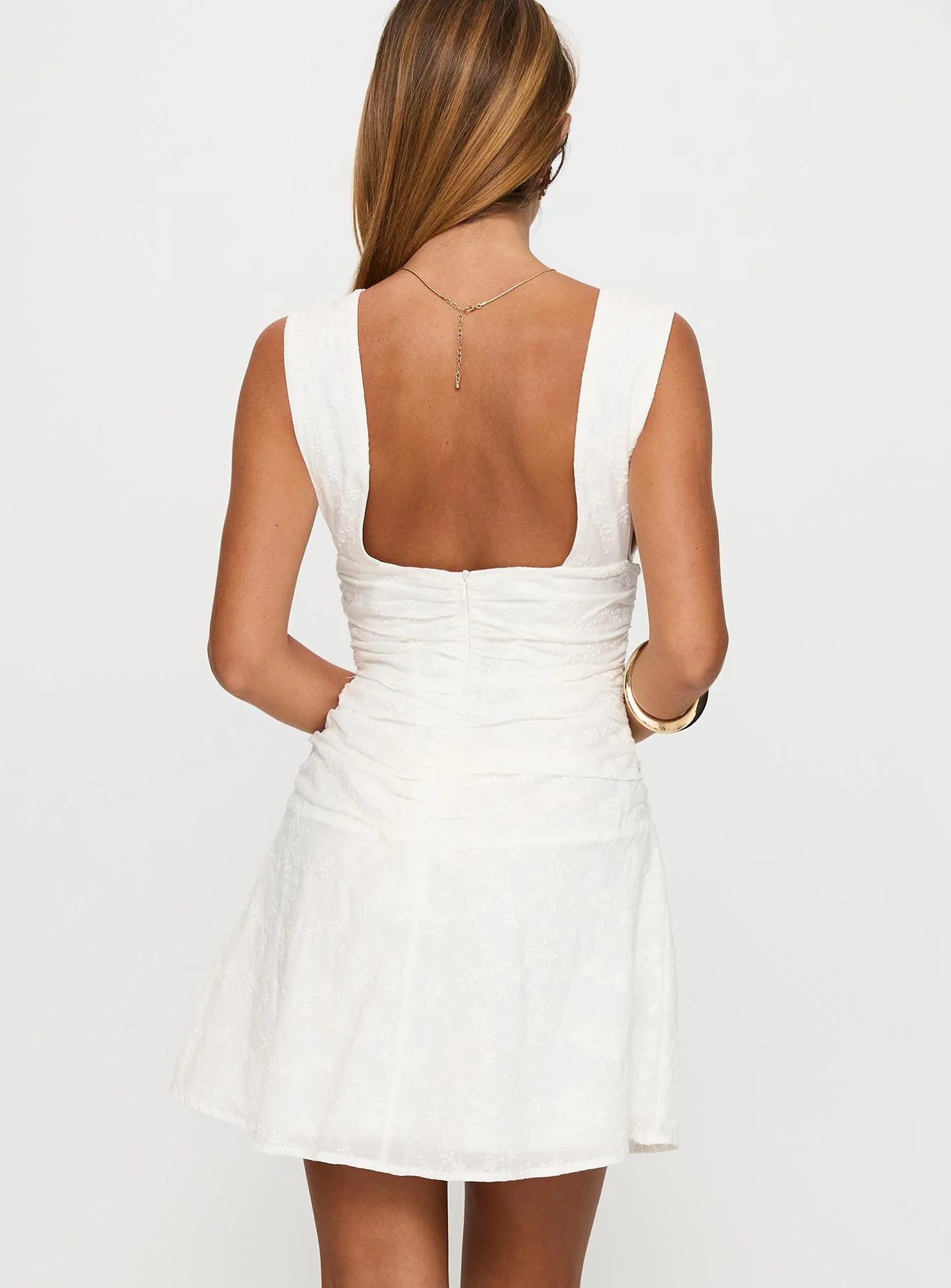 Everelle Ruched Embroidered Mini Dress White - Image 5